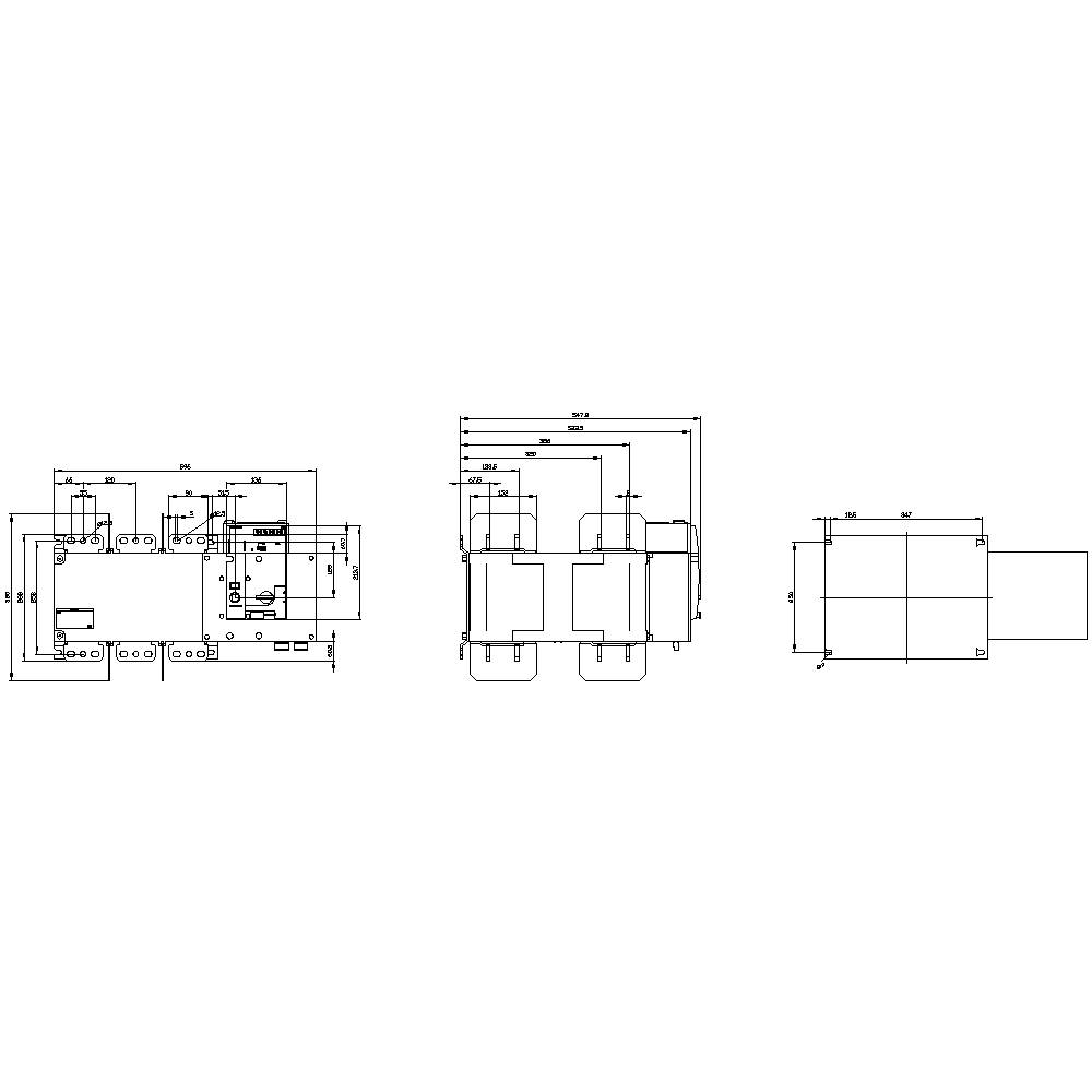 Rysunek techniczny prostokątnego elementu z wymiarami, otworami i punktami mocowania. Trzy widoki: z przodu, z boku, z góry.