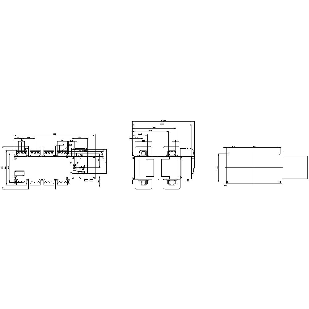 Rysunek techniczny schematu elektrycznego z różnymi widokami elementu, w tym widokiem z przodu i z boku.