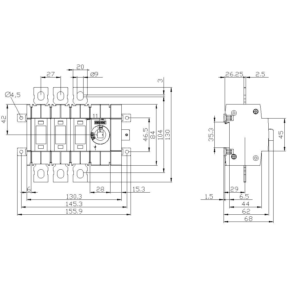 Rysunek techniczny włącznika z wymiarami w milimetrach. Przedstawia widok z przodu i z boku z dokładnymi pomiarami.