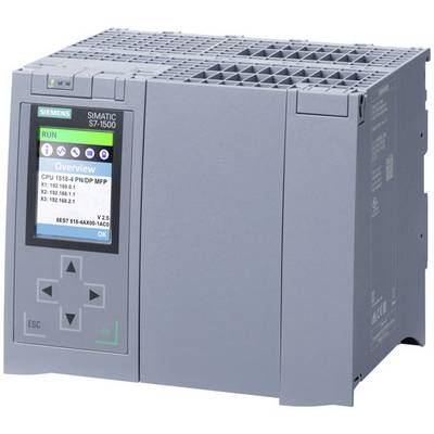 Urządzenie sterujące Siemens SIMATIC S7-1500. Na wyświetlaczu widoczny jest stan pracy oraz informacje sieciowe, takie jak adresy IP.