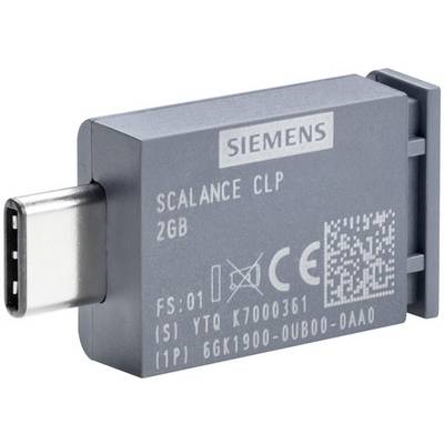 Moduł USB-C firmy Siemens z napisem 'Scalance CLP 2GB'. Zawiera numer seryjny i kod QR. Kompaktowy osprzęt do zastosowań technicznych.