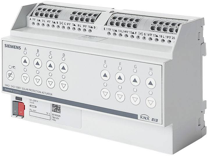 Aktor sterujący roletami KNX firmy Siemens, oznaczenie modelu '5WG1 540-1DB51'. Urządzenie sterujące z przyłączami i panelem obsługowym do automatyzacji budynków.