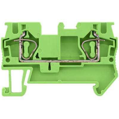 Zielony blok zacisków z tworzywa sztucznego z metalowymi złączami pośrodku. Stosowany głównie w obwodach elektrycznych.