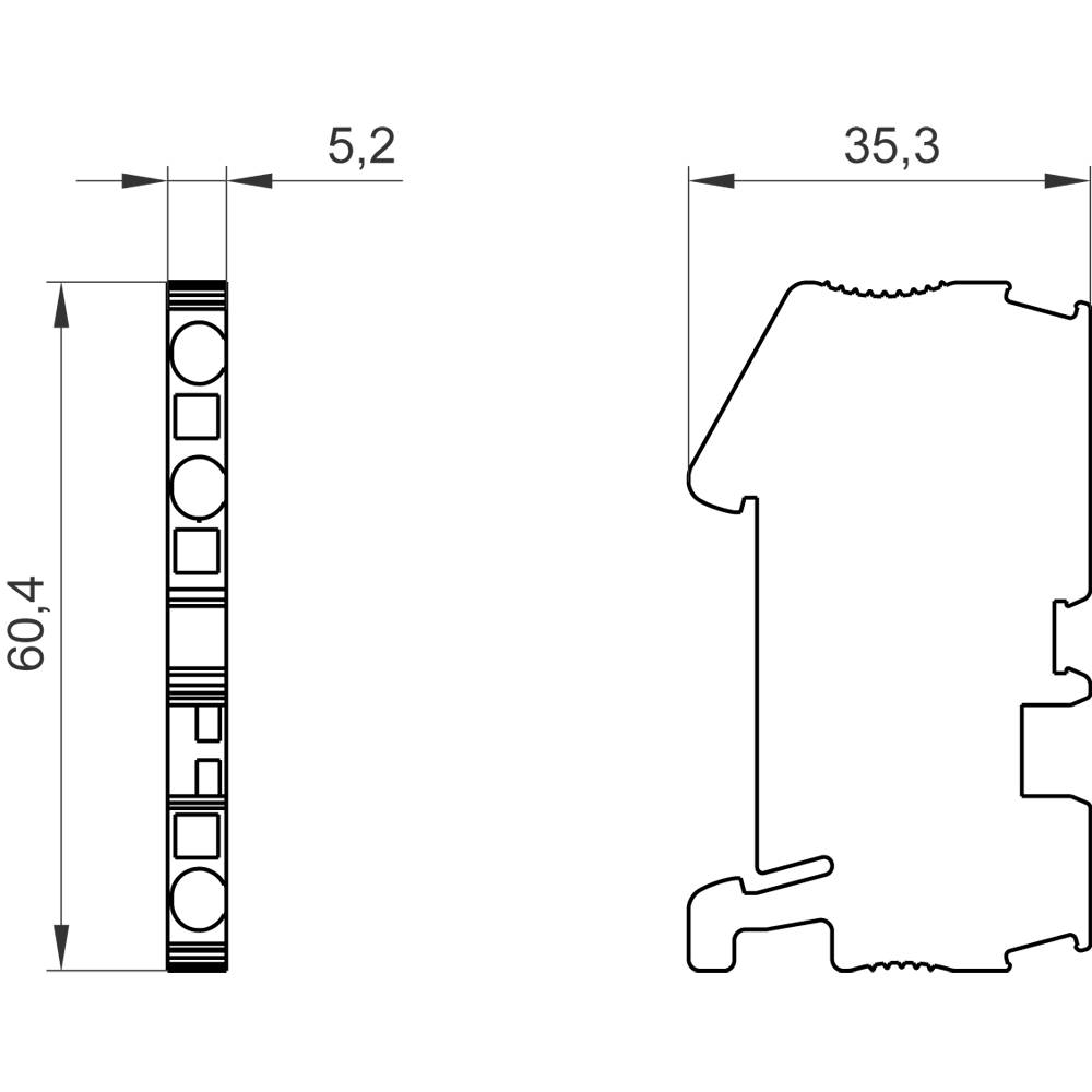 Rysunek techniczny profilu z wymiarami: wysokość 60,4 mm, szerokość 5,2 mm po lewej stronie i 35,3 mm po prawej stronie.