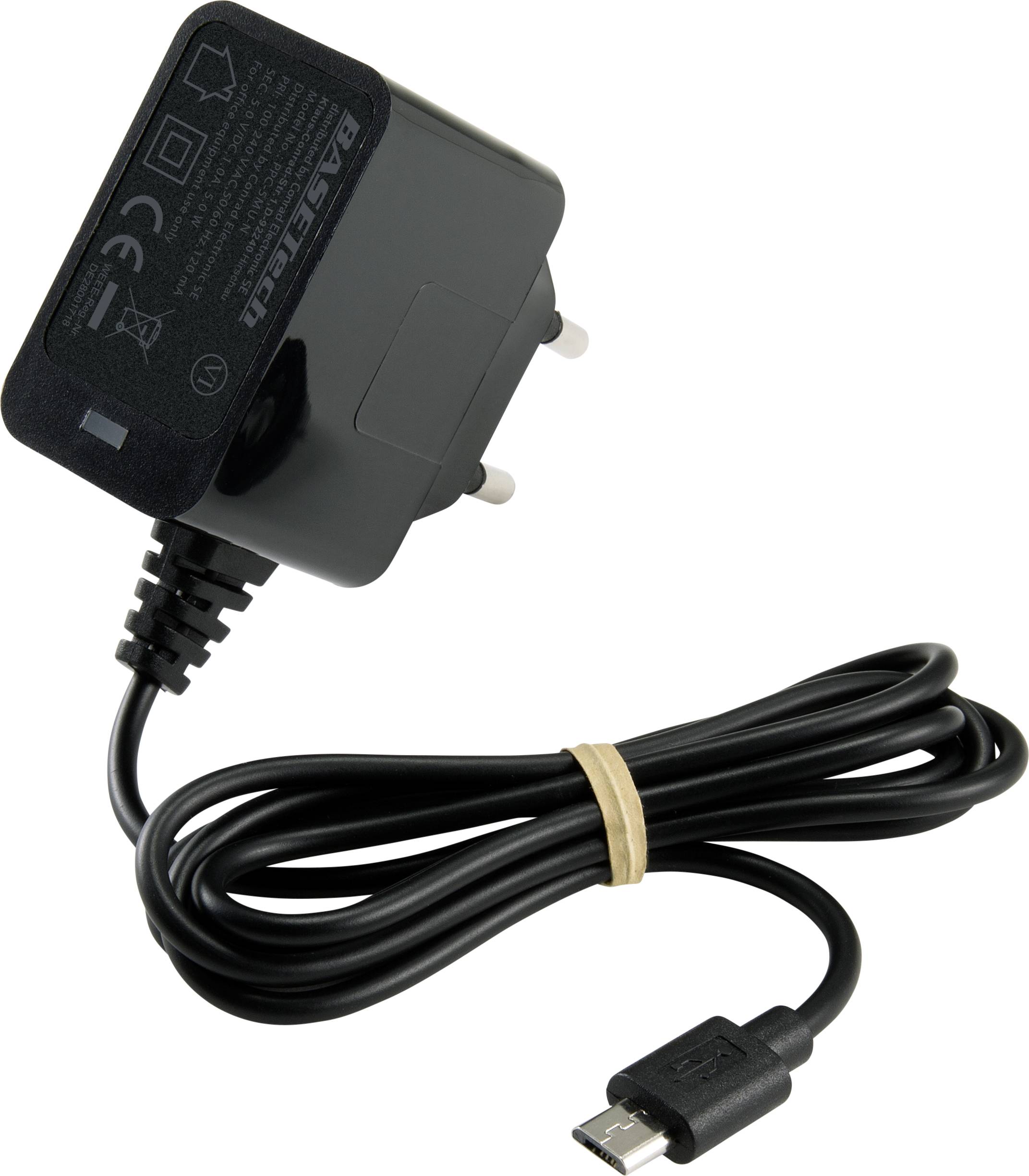 Czarny zasilacz z wtyczką europejską, z długim przewodem zakończonym złączem micro-USB.