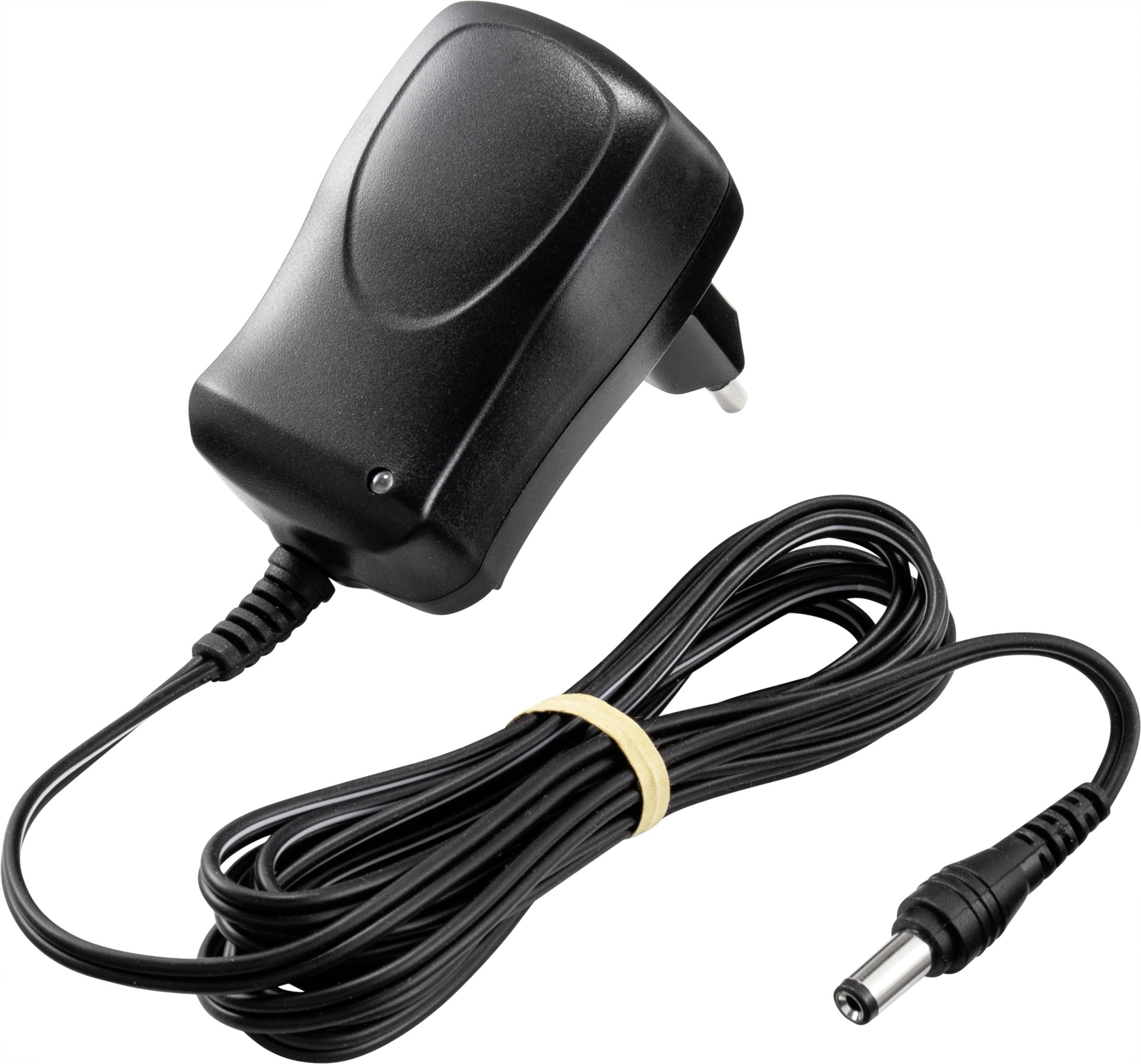 Czarny przewód zasilający z długim kablem, wtyczką europejską i wtyczką okrągłą na przeciwnym końcu, związany gumką.