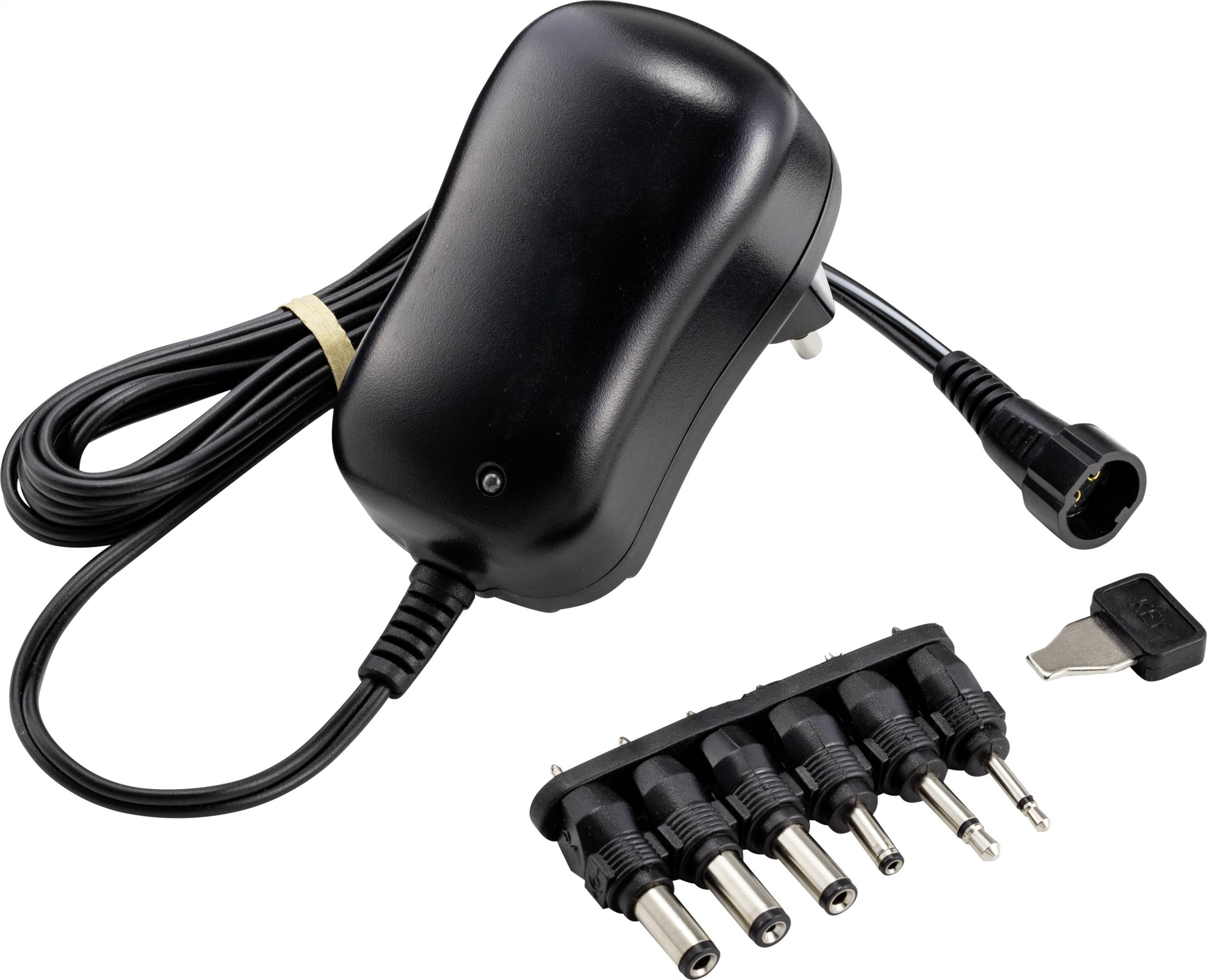 Czarny zasilacz z przewodem i wieloma wymiennymi adapterami, odpowiedni do różnych urządzeń elektronicznych.