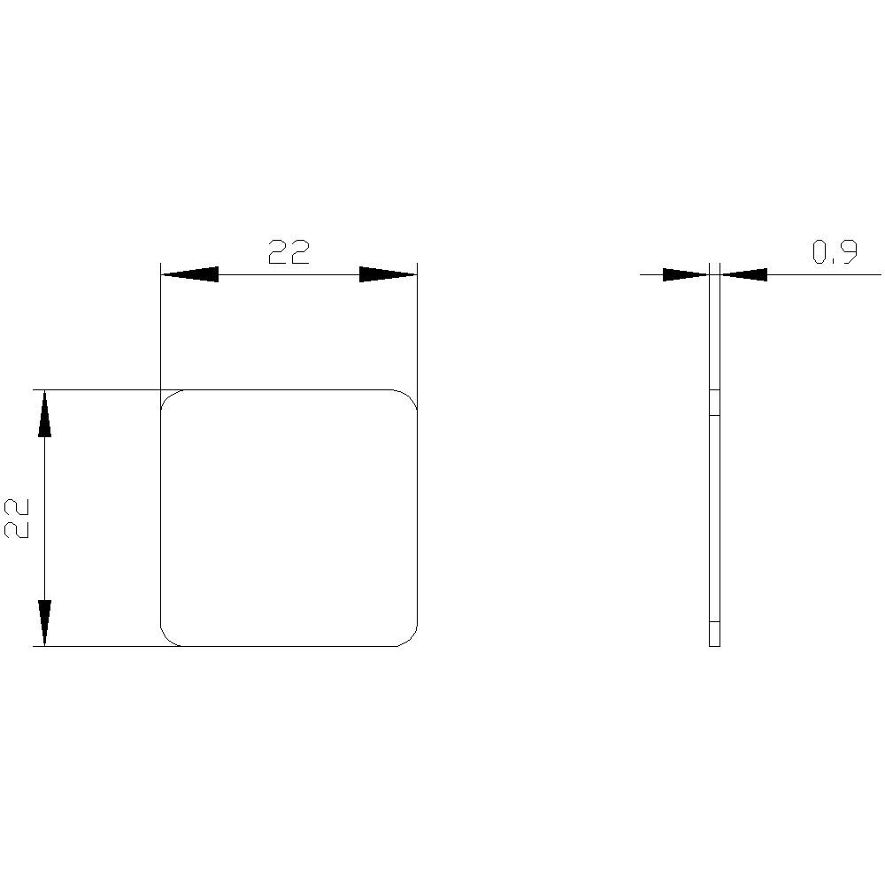 Rysunek techniczny obiektu kwadratowego z zaokrąglonymi narożnikami. Wymiary: 22x22 mm, grubość 0,9 mm.