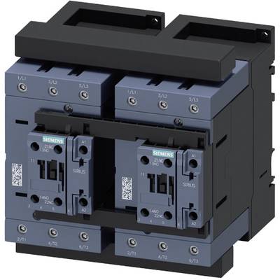 Dwa czarne i niebieskie elektryczne wyłączniki firmy Siemens, model SIRIUS, zamontowane obok siebie na wsporniku, z zaciskami przyłączeniowymi u góry i u dołu.