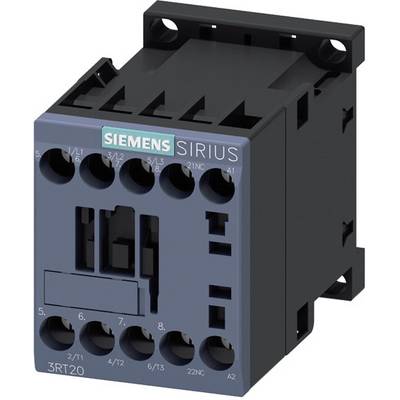 Stycznik Siemens Sirius. Czarna obudowa z niebieską płytą czołową. Widocznych kilka zacisków przyłączeniowych. Element techniczny.