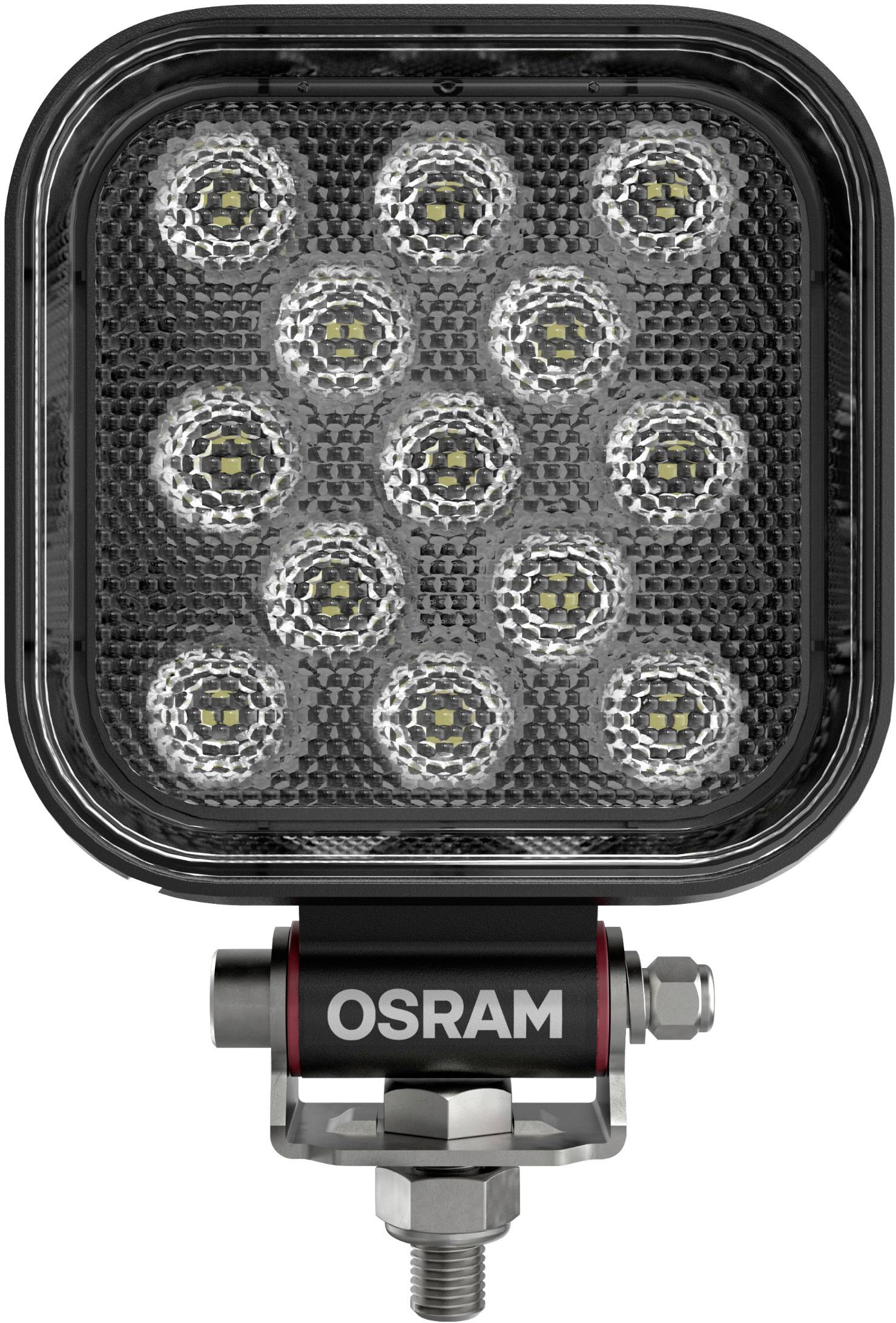Lampa robocza LED OSRAM z dwunastoma lampami LED w kwadratowej obudowie, odpowiednia do oświetlenia podczas prac terenowych.