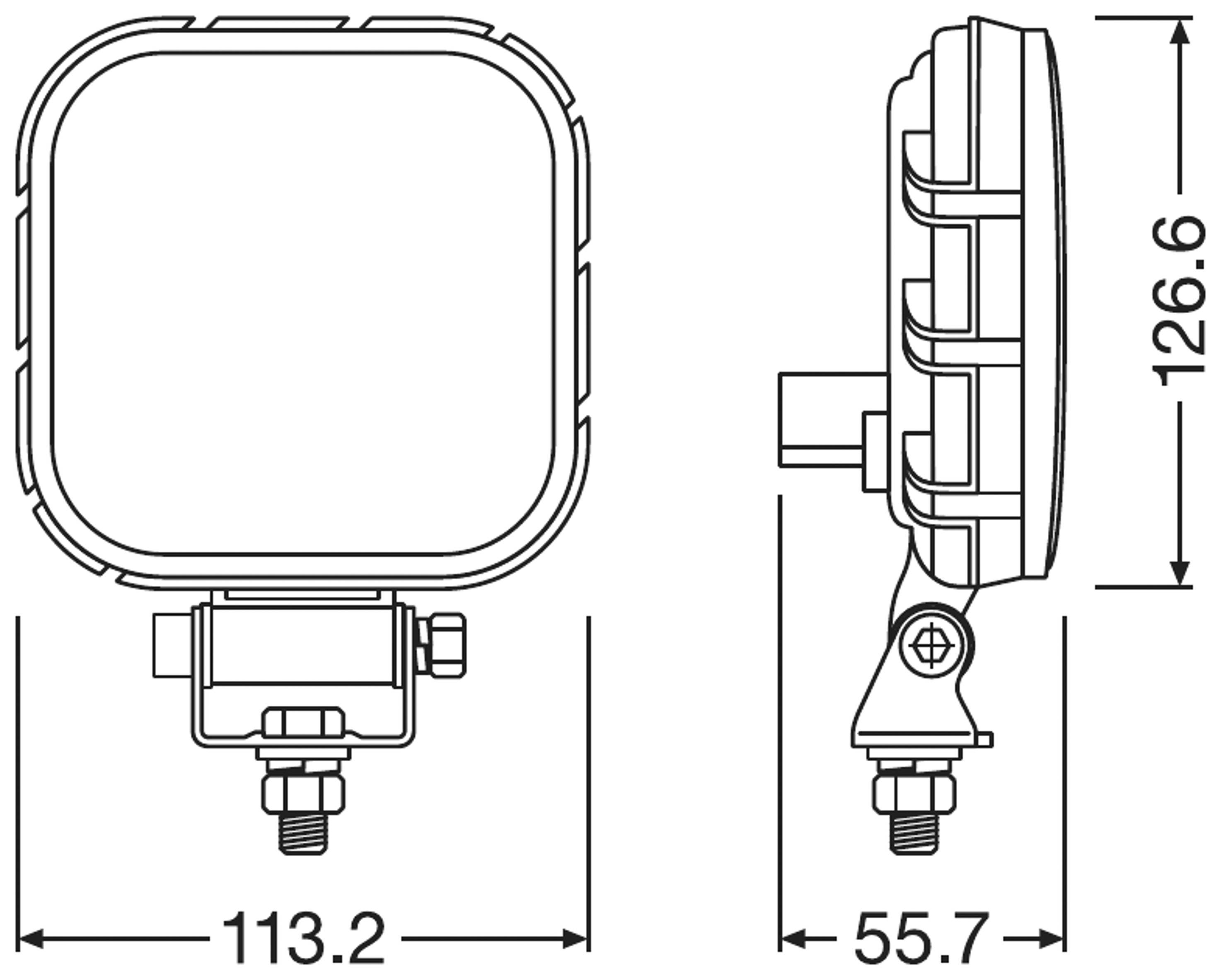 Rysunek techniczny kwadratowego reflektora z wymiarami: szerokość 113,2 mm, wysokość 126,6 mm, głębokość 55,7 mm. Widok z profilu i widok z przodu z mocowaniem.