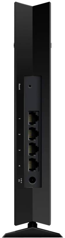 Czarny router WiFi widziany z boku, z czterema portami Ethernet i jednym portem zasilającym.