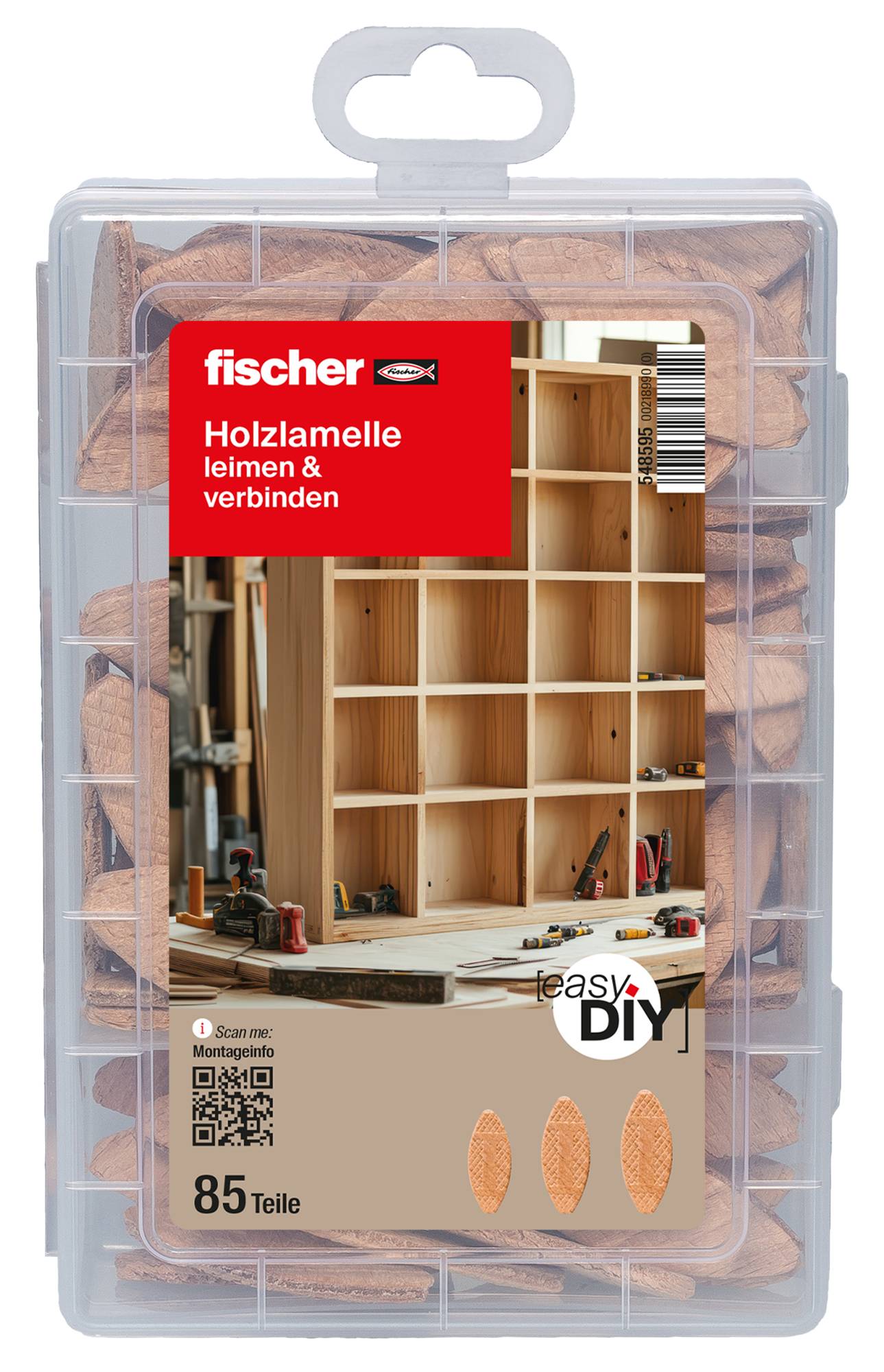 Pakiet drewnianych kołków Fischer z zestawem DIY do łączenia drewna 'Holzlamelle leimen & verbinden', 85 części, pokazany w przezroczystym opakowaniu plastikowym.