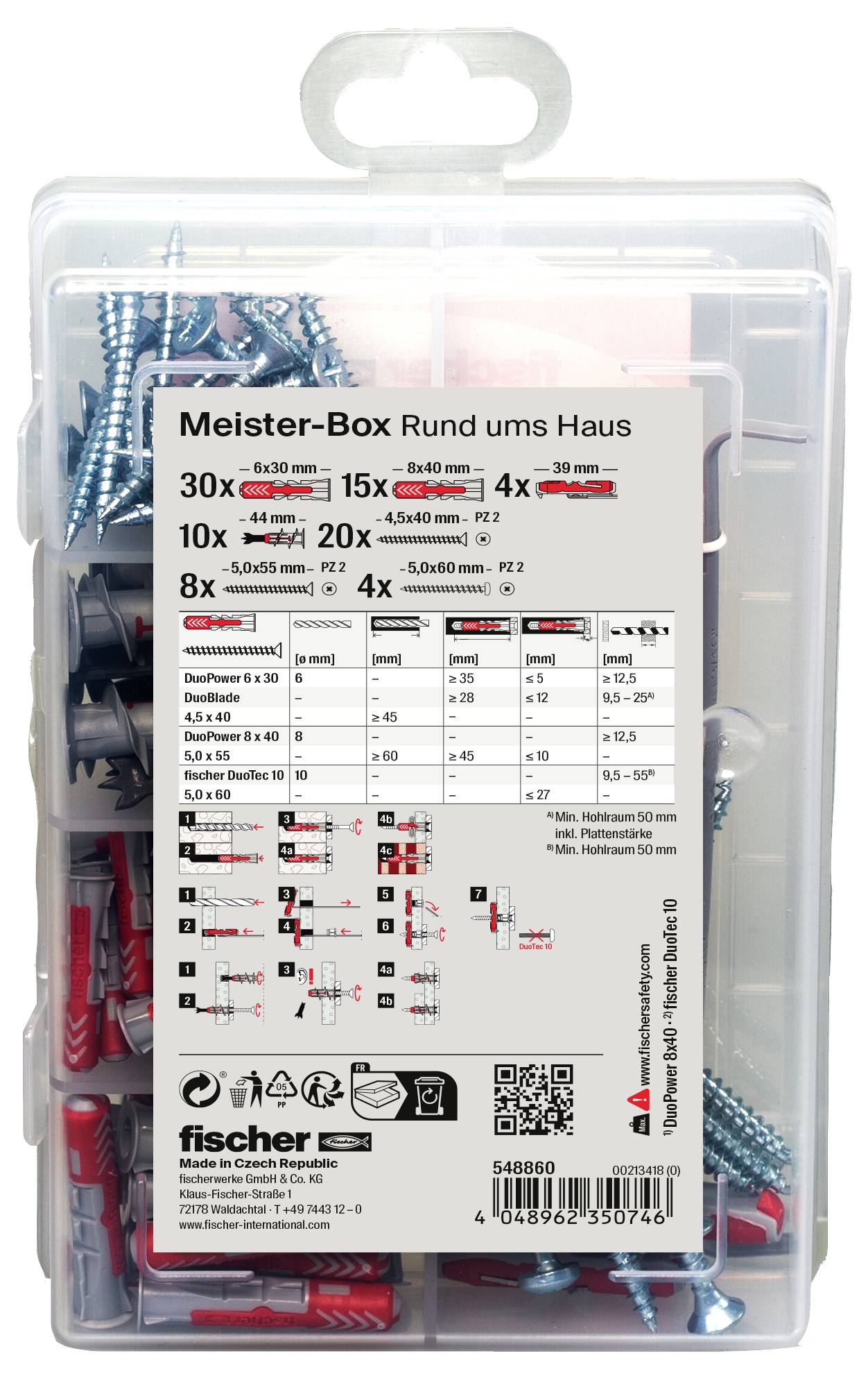 Opakowanie prezentuje 'Mistrza-Pudełko Dom i Ogród' z różnymi śrubami i kołkami w różnych rozmiarach i ilościach.