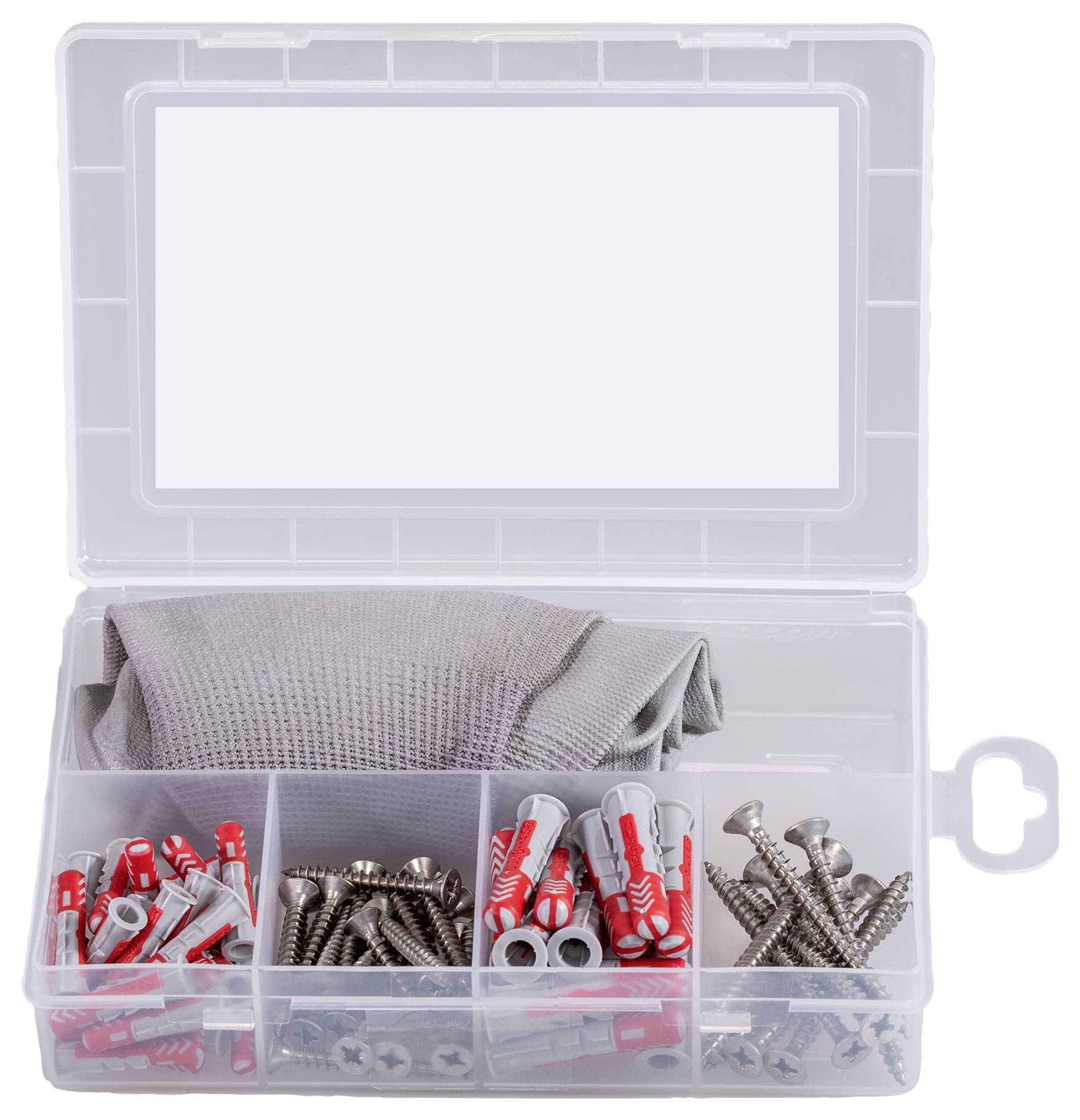 Plastikowe pudełko z kilkoma przegródkami, zawierające szare kołki, czerwone kołki i śruby. W pudełku znajduje się również szara szmata.