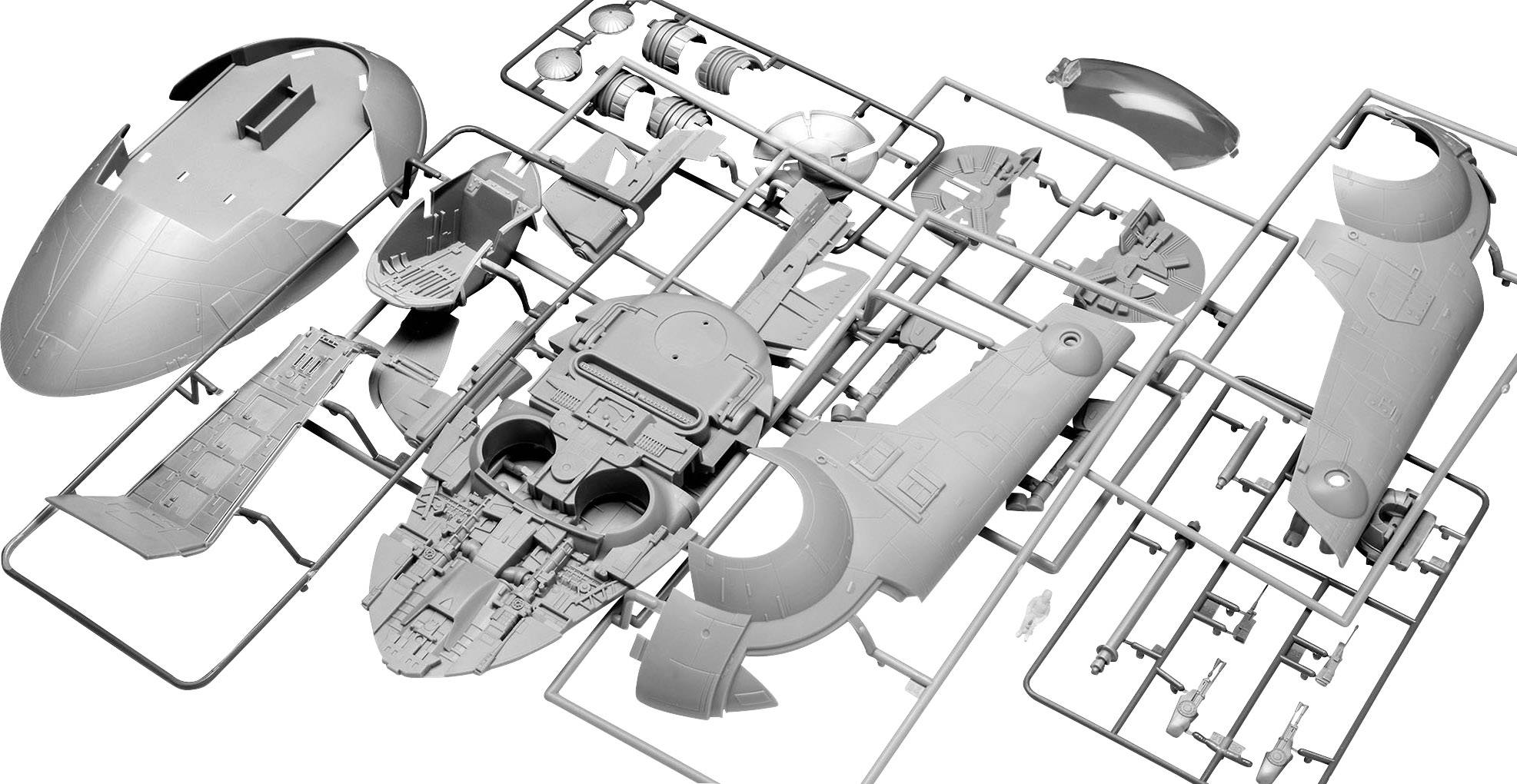 Nieskompletowany zestaw modelarski statku kosmicznego z gatunku science fiction, składający się ze szczegółowych elementów umieszczonych na ramce, przeznaczony do samodzielnego złożenia.