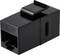Czarny adapter wtykowy do sieci CAT.6A o prostokątnym kształcie z zatrzaskiem, przeznaczony do połączeń Ethernet.