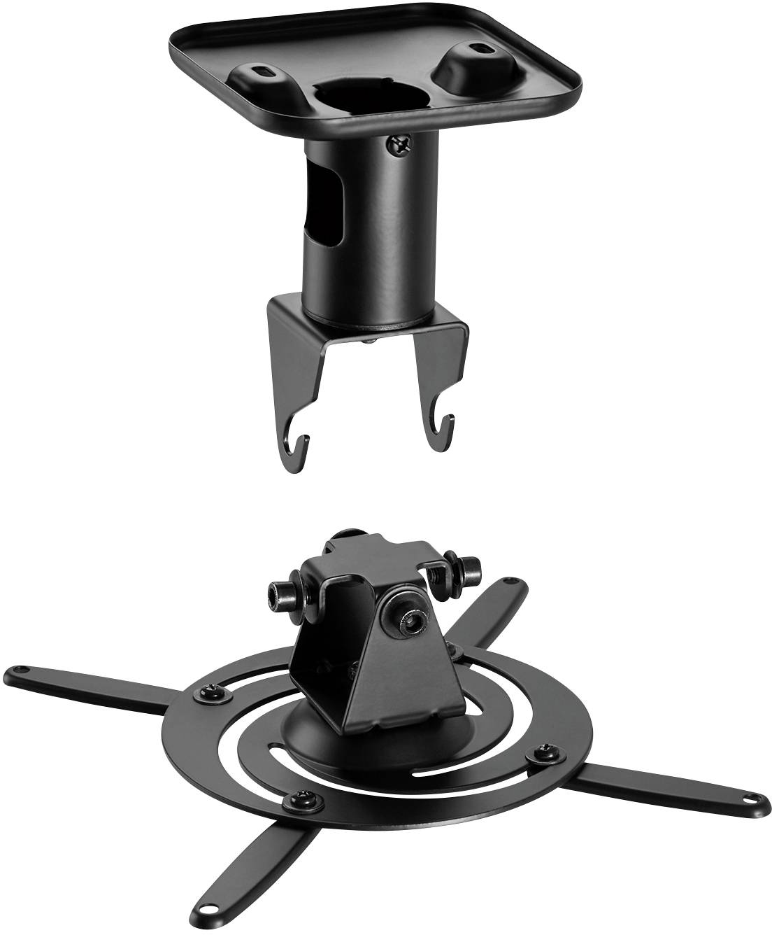 Uchwyt projektora składający się z dwóch części, w skład którego wchodzi płyta sufitowa oraz obrotowe ramię mocujące. Przeznaczony do montażu sufitowego.