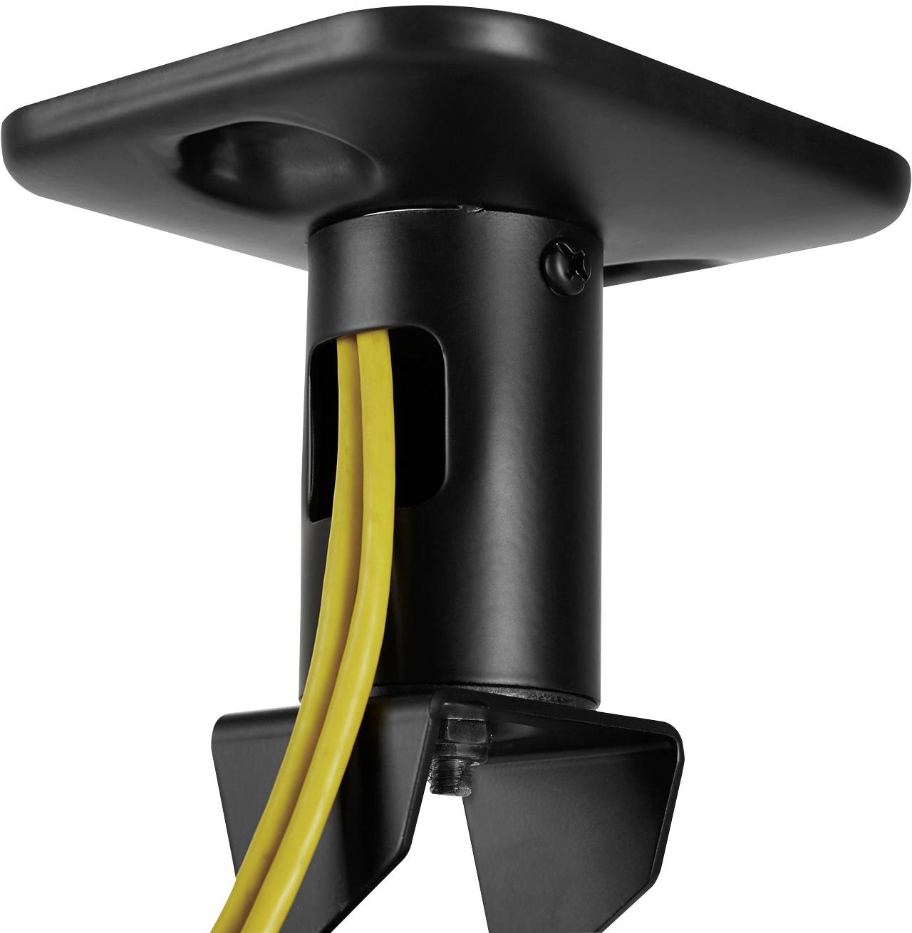 Zbliżenie czarnego elementu sufitowego, przez który przebiegają dwa żółte przewody. Element służy do przeprowadzenia kabli.