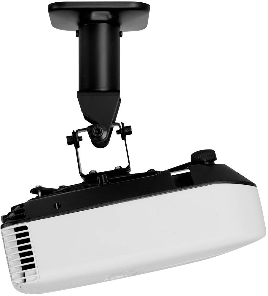 Projektor zamontowany na czarnym uchwycie sufitowym jest skierowany w dół.