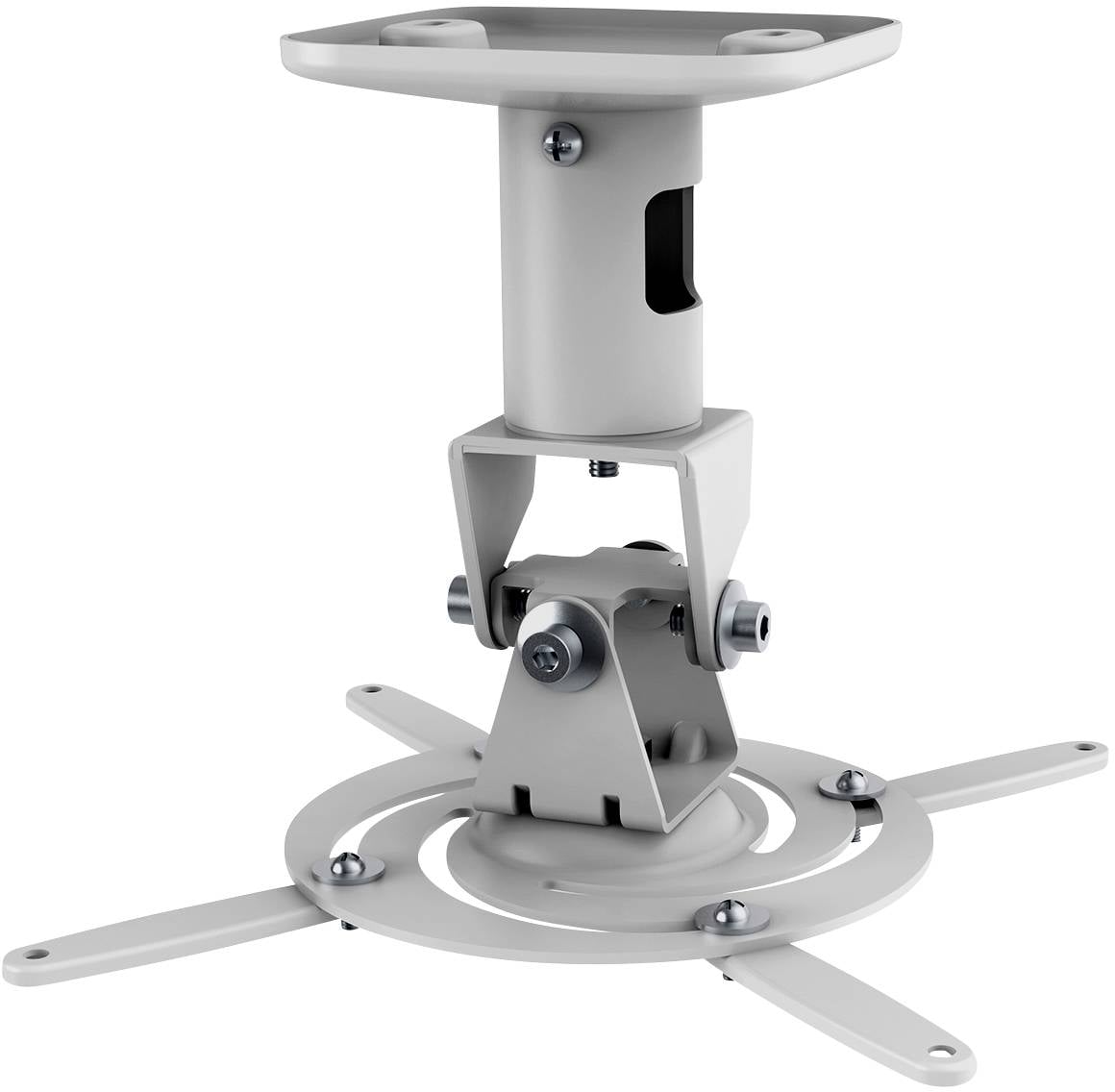 Szary uchwyt projektora z regulowanym i obrotowym ramieniem, wyposażony w cztery wsporniki mocujące. Możliwość montażu naściennego lub sufitowego.