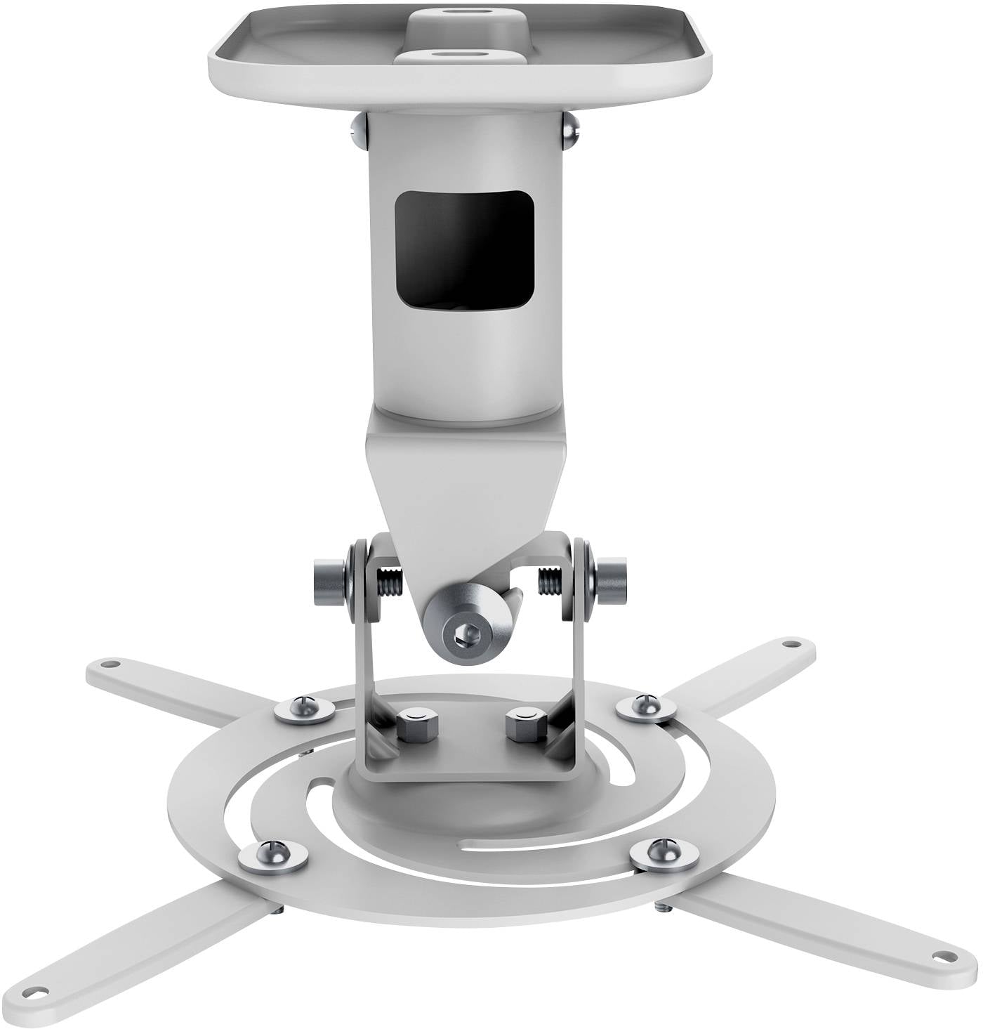 Srebrny uchwyt sufitowy do projektora z regulowanymi ramionami, odpowiedni dla różnych rozmiarów projektorów, o wytrzymałej konstrukcji.