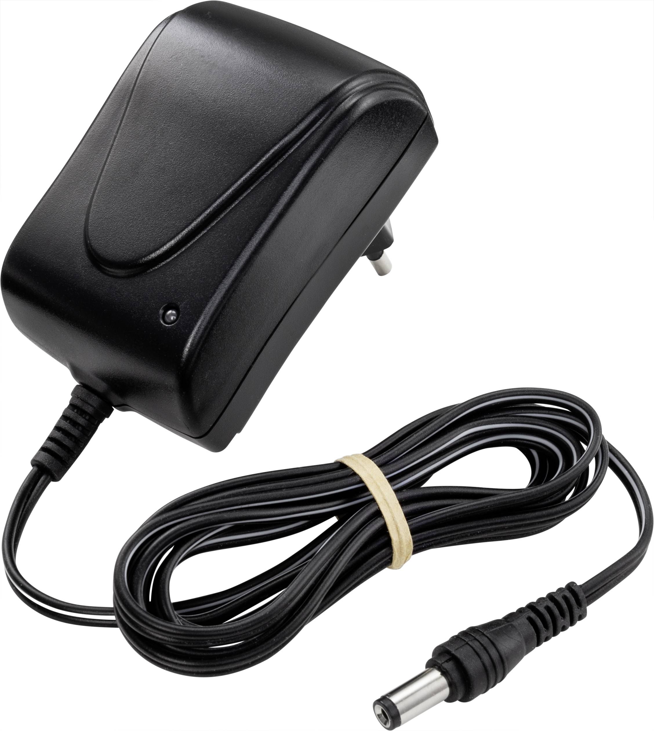 Czarny zasilacz sieciowy z długim przewodem. Przeznaczony jest do urządzeń elektronicznych i posiada okrągłą wtyczkę na końcu kabla.