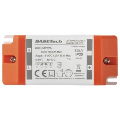 Zasilacz LED, model: LD-12-15, wejście: 230 V AC, 50/60 Hz, wyjście: 12 V DC, 1,25 A, 15 W, klasa ochronności: IP20, zakres temperatury: -40°C do 80°C.