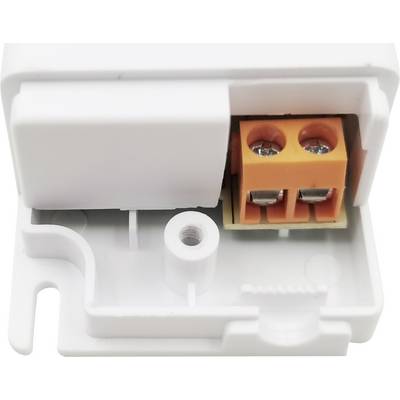 Biała elektryczna listwa zaciskowa z pomarańczowym złączem, odpowiednia do bezpiecznego łączenia przewodów elektrycznych.