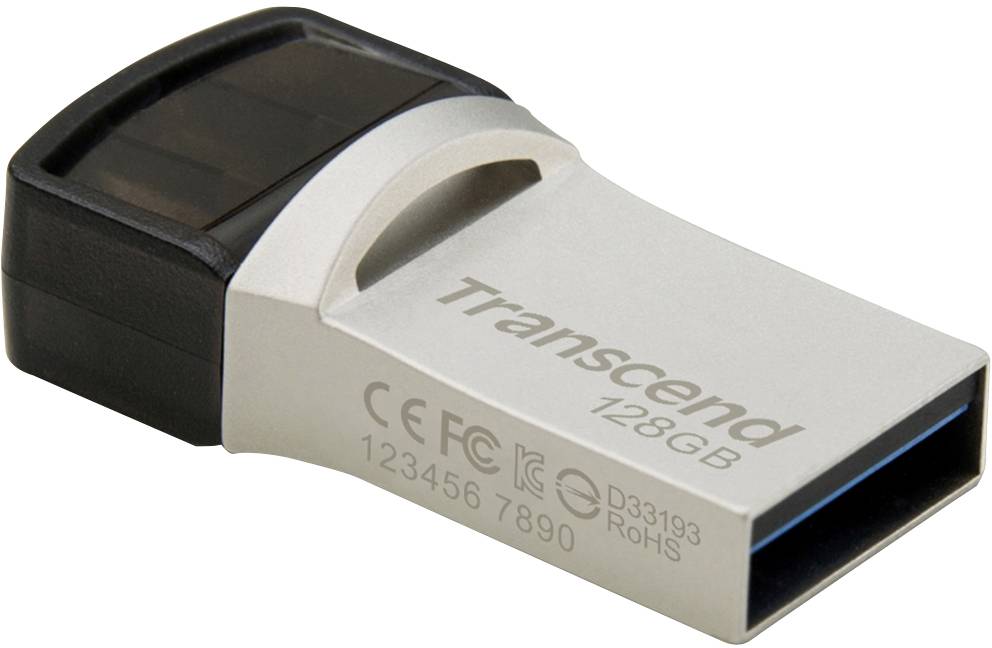 Pendrive Transcend o pojemności 128 GB, w srebrnej obudowie, z czarną częścią wtykową, z widocznymi numerami modeli.