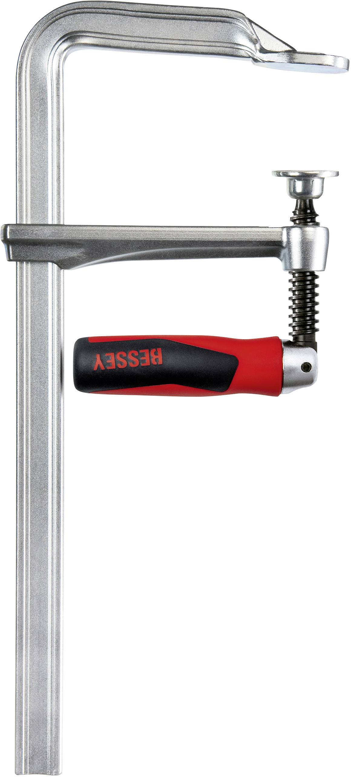 Srebrny zacisk śrubowy z czerwonym uchwytem, odpowiedni do mocowania elementów obrabianych. Na uchwycie widoczna jest marka 'BESSEY'.