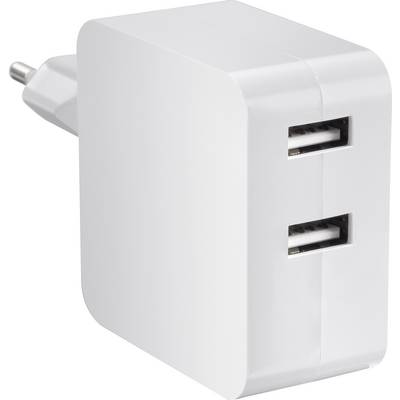 Białą ładowarkę USB z dwoma portami USB.