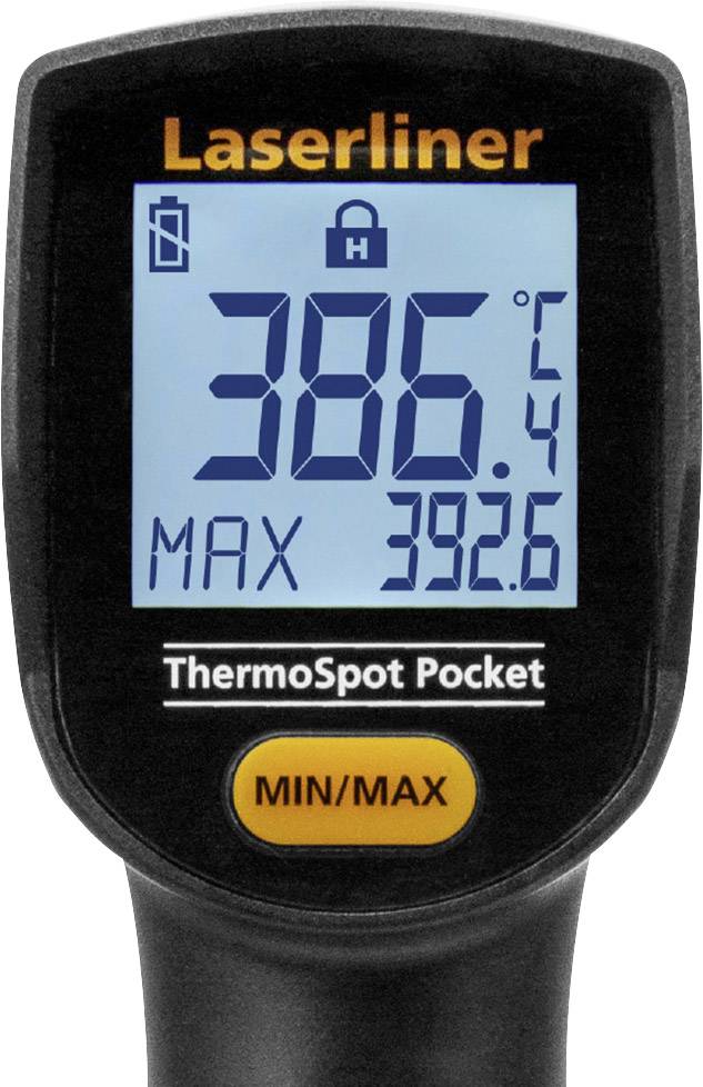 Cyfrowy termometr na podczerwień wskazuje 38,6°C. Maksymalna temperatura 39,2°C. Wyświetlacz ze statusem baterii i blokadą pomiaru.