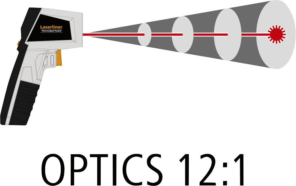 'Laserowy termometr wyświetla optykę 12:1 z czerwonym wskaźnikiem laserowym i zakresem pomiarowym. Odpowiedni do precyzyjnego pomiaru temperatury z odległości.'