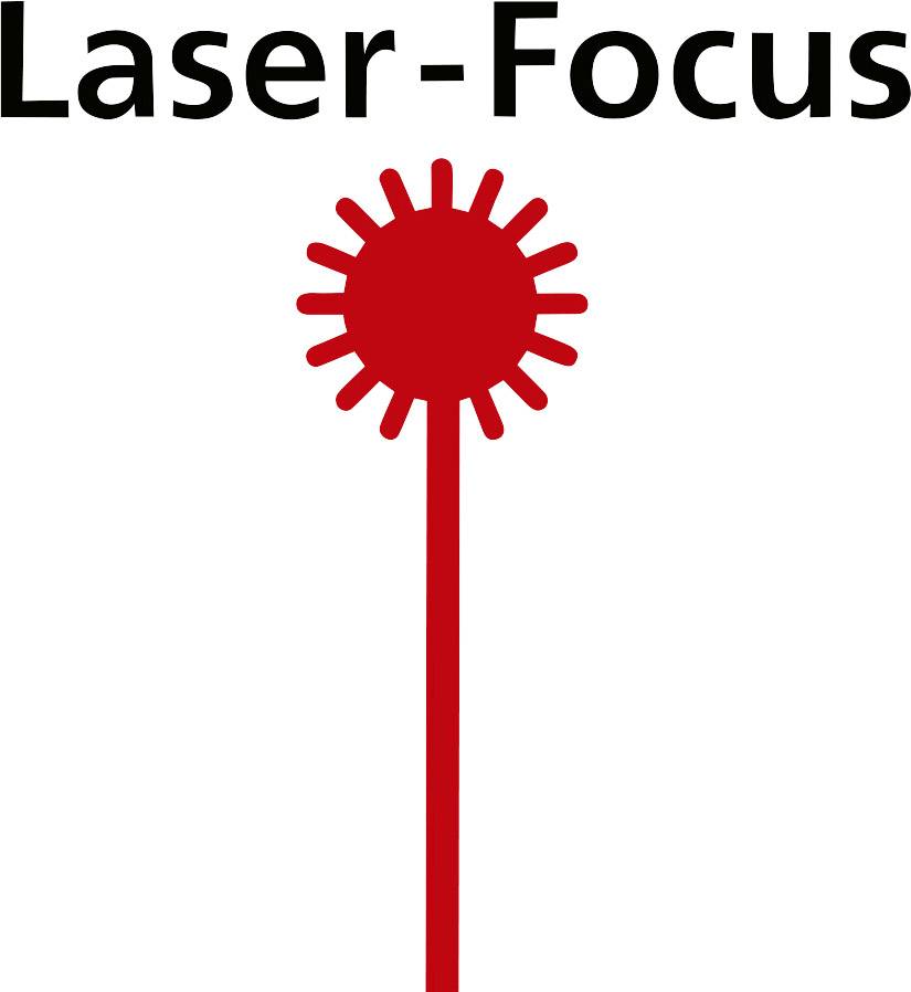 Czerwony promień laserowy ze słońcem, pod spodem tekst 'Laser-Focus'.
