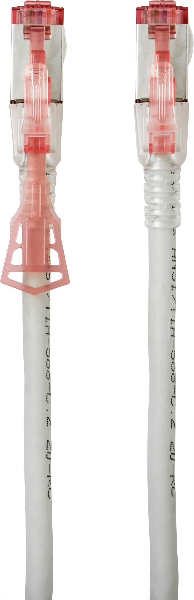 Dwa białe kable Ethernet z czerwonymi wtykami RJ45, stojące obok siebie. Zdjęcie przedstawia złącza i szczegóły kabli.