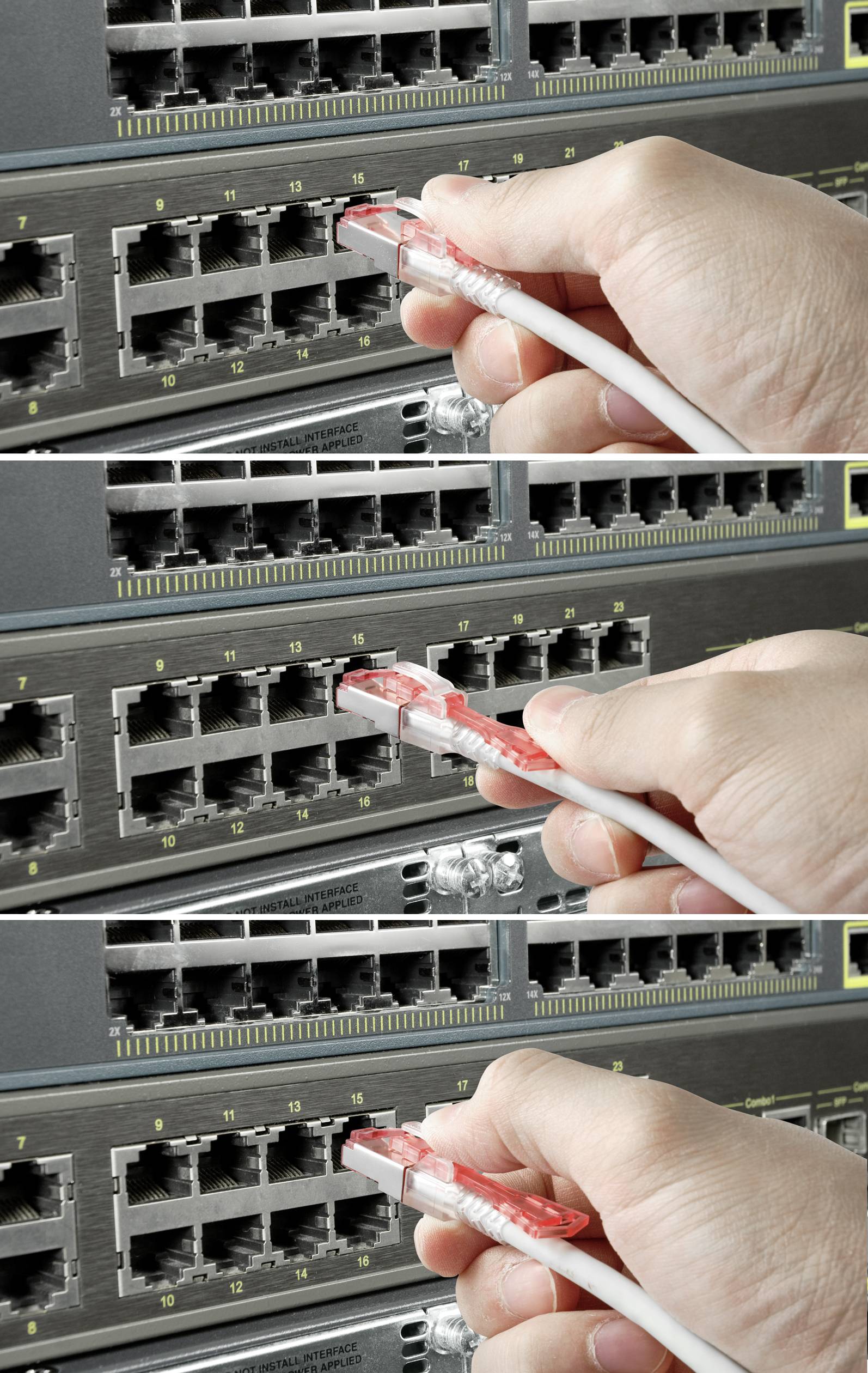 'Trzy zdjęcia przedstawiają wtyczkę kabla Ethernet, która jest kolejno wkładana w różne porty sieciowe switcha.'