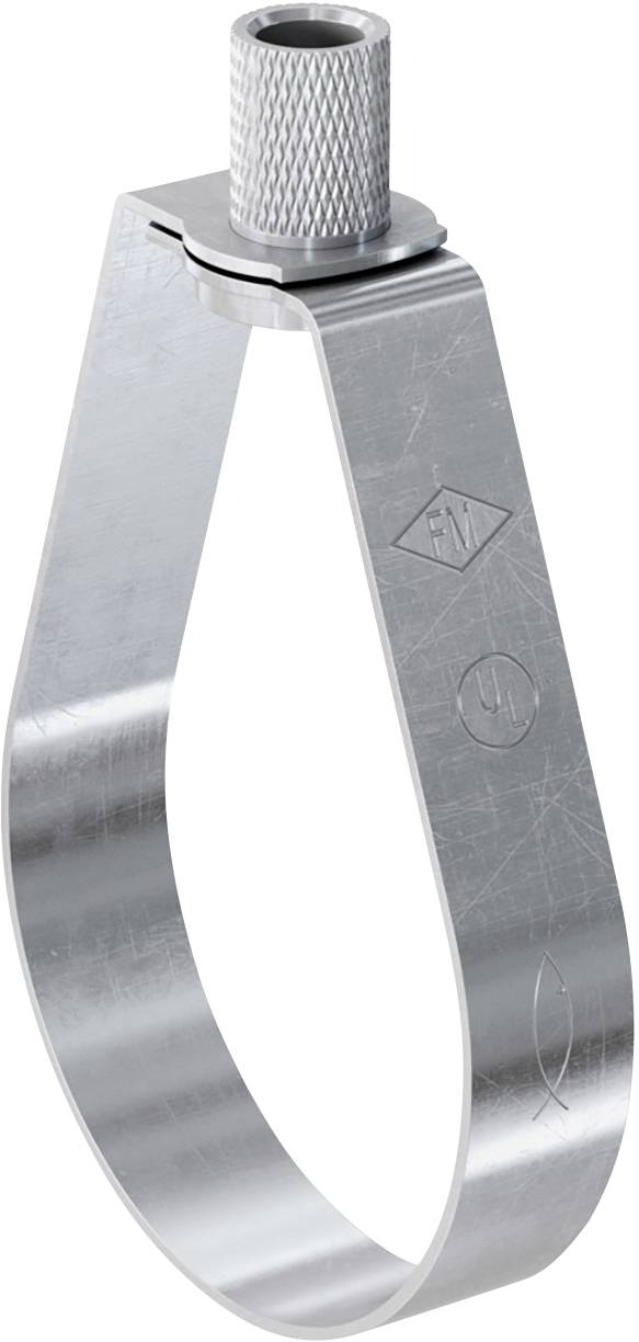 Srebrny uchwyt rurowy ze śrubą, który służy do mocowania rur przy ścianach lub sufitach.