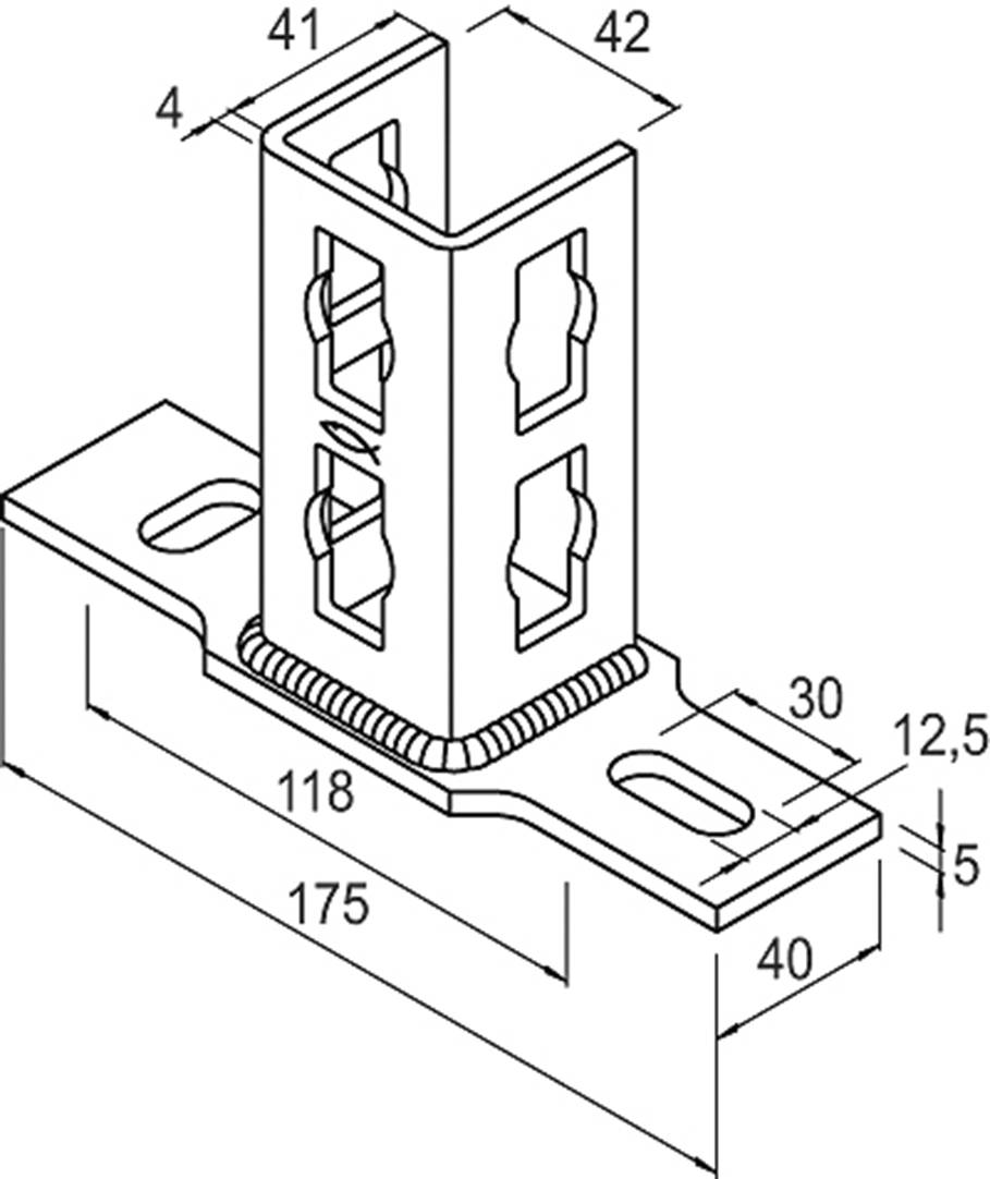 Rysunek techniczny kątownika metalowego z wymiarami: długość 175 mm, szerokość 40 mm, wysokość 30 mm. Średnice otworów: 5 mm, 12,5 mm.
