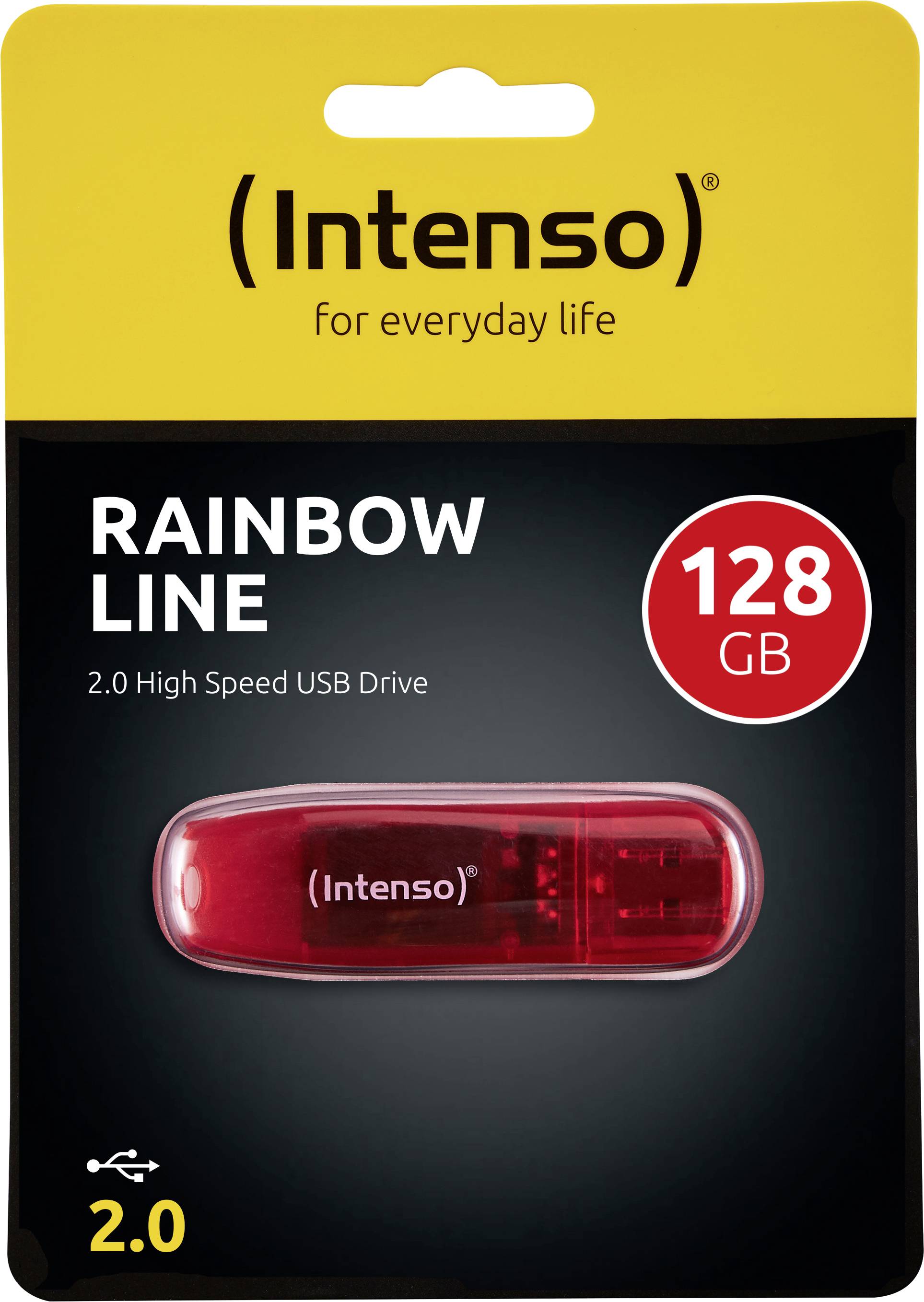 Pendrive Intenso Rainbow Line 2.0 High Speed, 128 GB w kolorze czerwonym. Opakowanie prezentuje szczegóły produktu i jego pojemność.