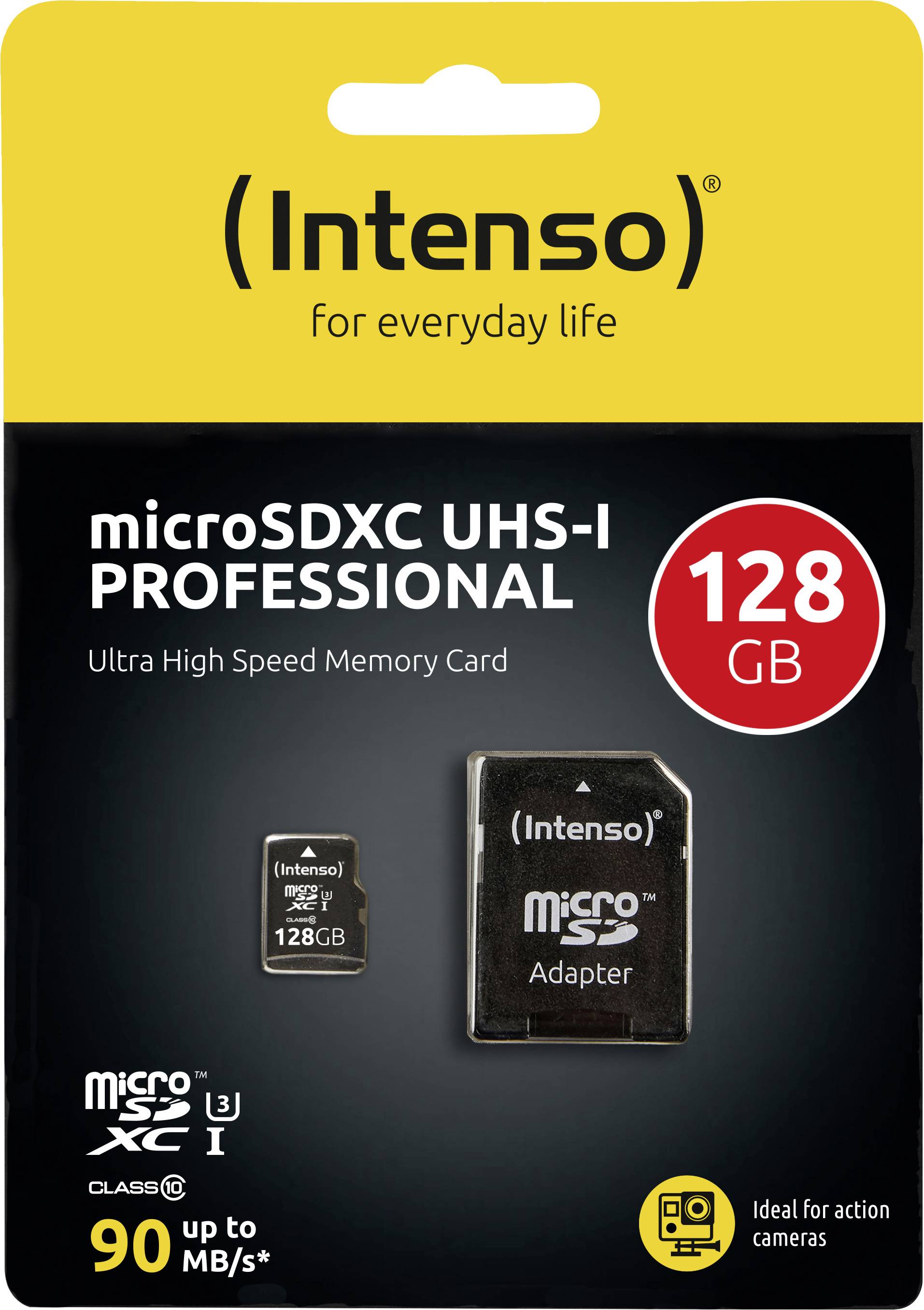 Karta microSDXC Intenso UHS-I o pojemności 128 GB z adapterem, przeznaczona do kamer sportowych. Prędkość odczytu do 90 MB/s.