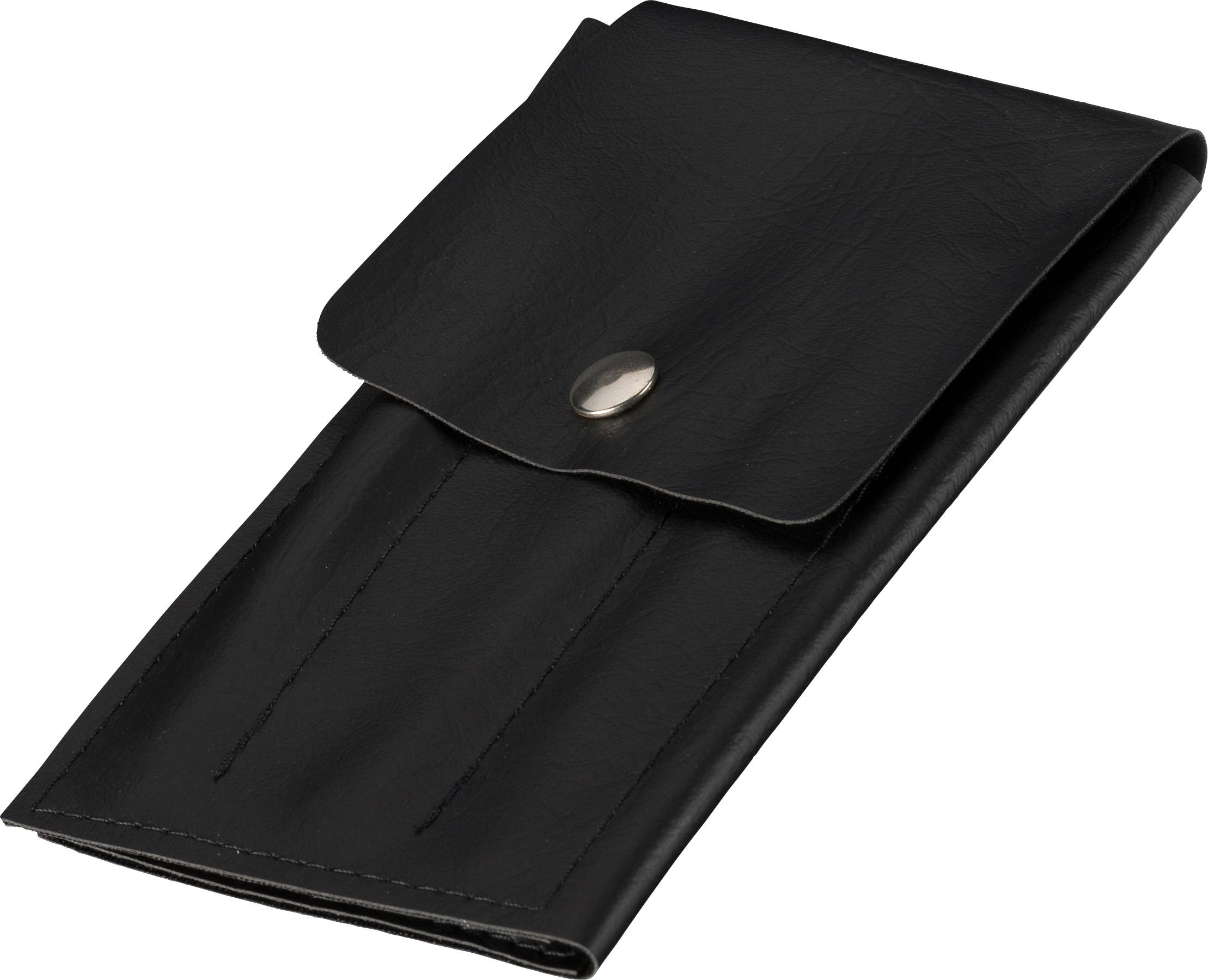 Czarne etui ze skóry z zapięciem na zatrzask i guzik. Odpowiednie do przechowywania małych przedmiotów lub akcesoriów.