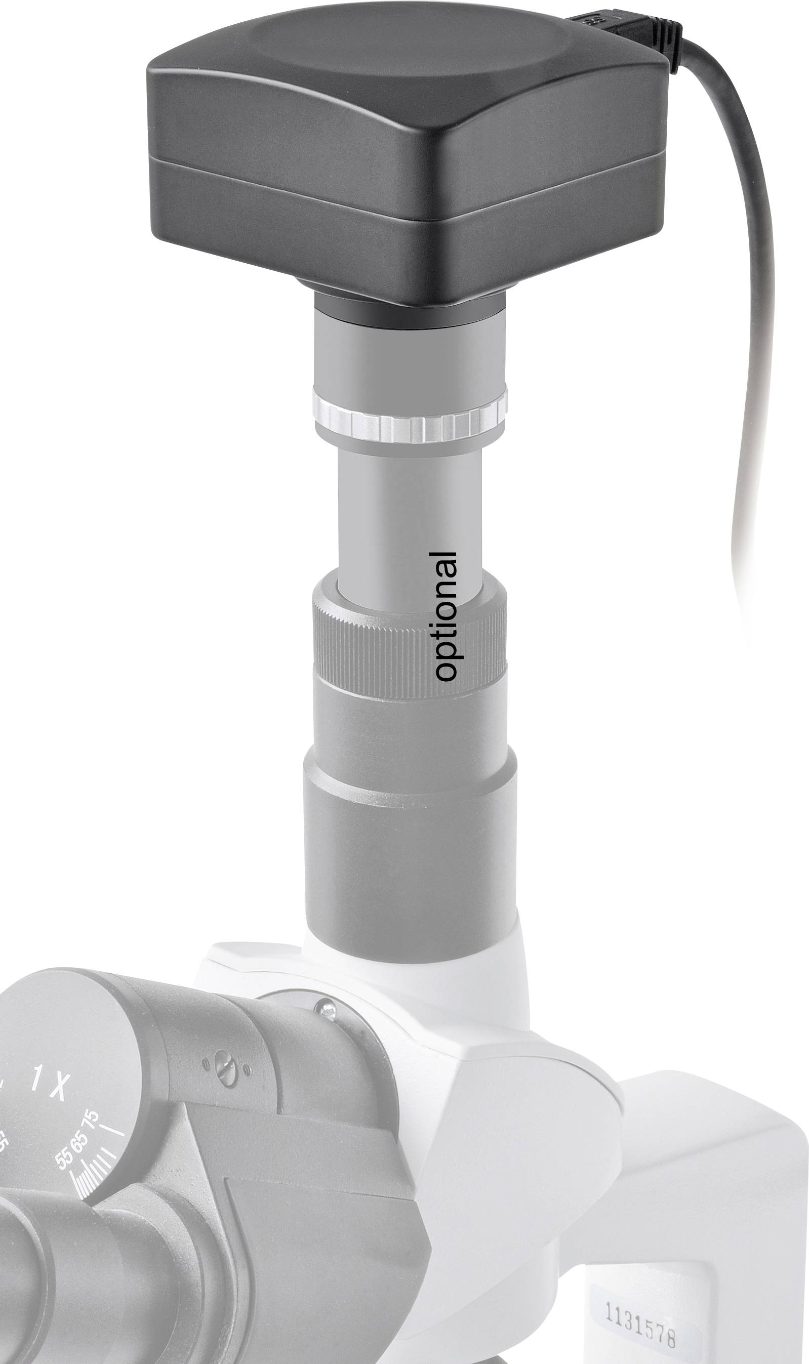 Elektroniczny osprzęt mikroskopowy, szary adapter z napisem 'opcjonalny', połączony z czarną obudową u góry.