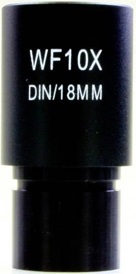 Czarna okularowa soczewka z napisem 'WF10X DIN/18MM', prawdopodobnie część mikroskopu, służąca do powiększania obiektów.