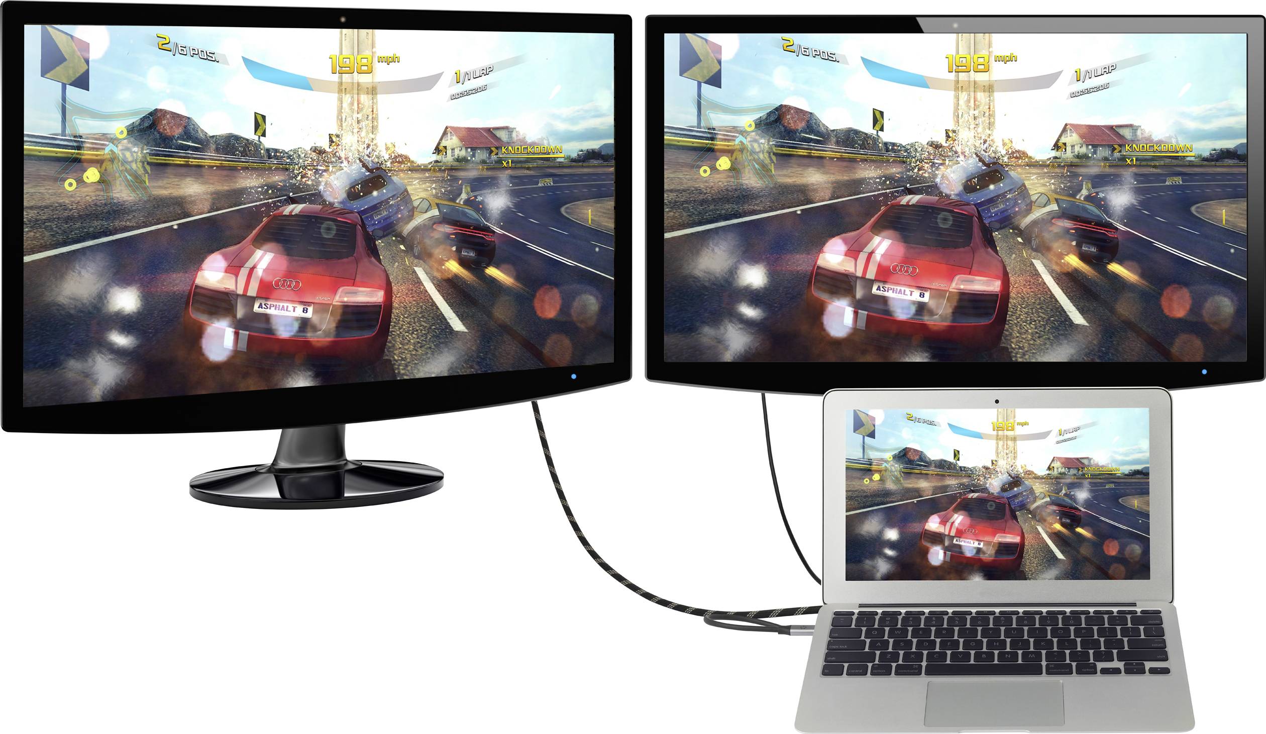 Laptop z dwoma monitorami wyświetlającymi wyścigową grę z czerwonymi samochodami na wszystkich ekranach.