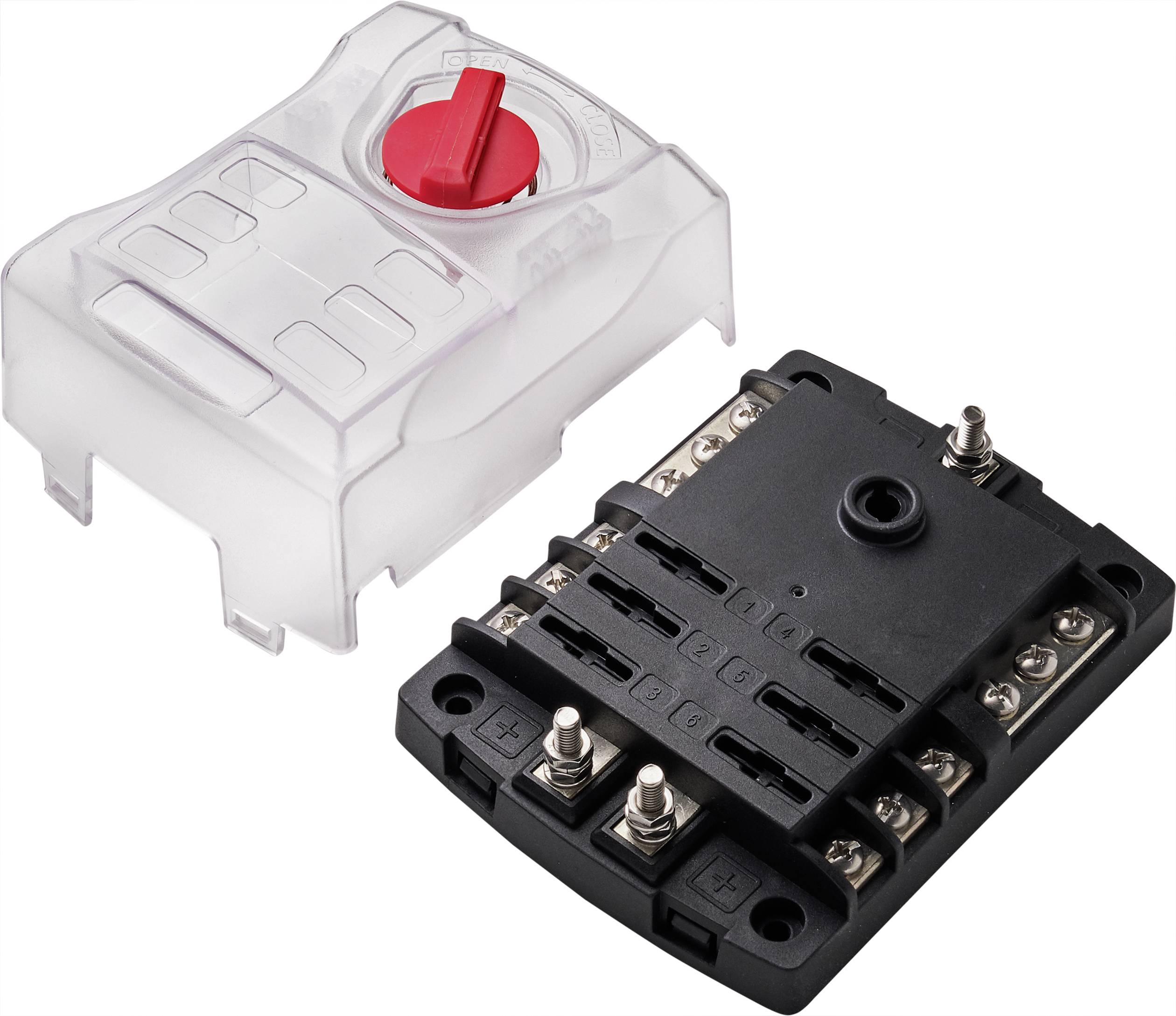 Rozłącznik bateryjny: Czarna jednostka z przyłączami, przykryta przezroczystym plastikowym pokrowcem, czerwony przełącznik obrotowy na górze.