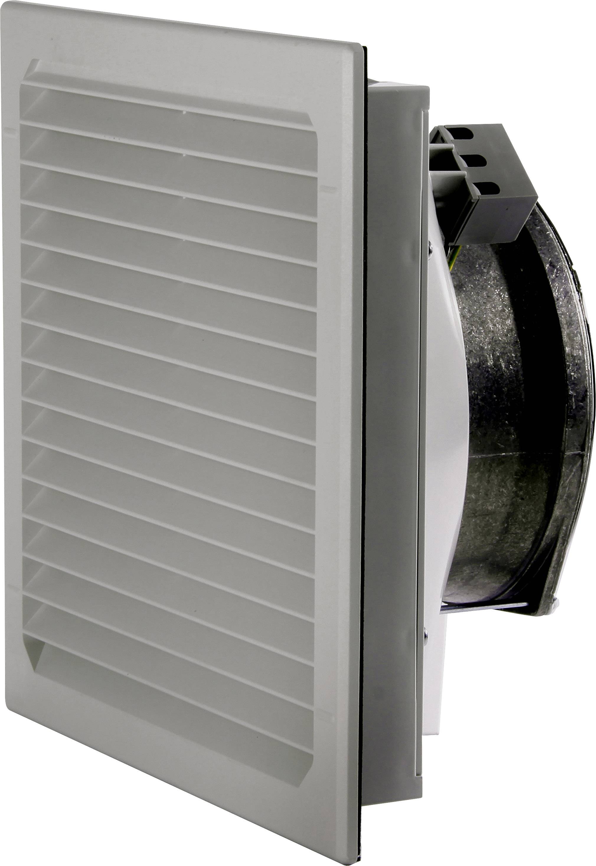 Jednostka wentylacyjna z prostokątną pokrywą i kratką wentylacyjną; z widocznym wentylatorem zamontowanym z boku, projekt przemysłowy.