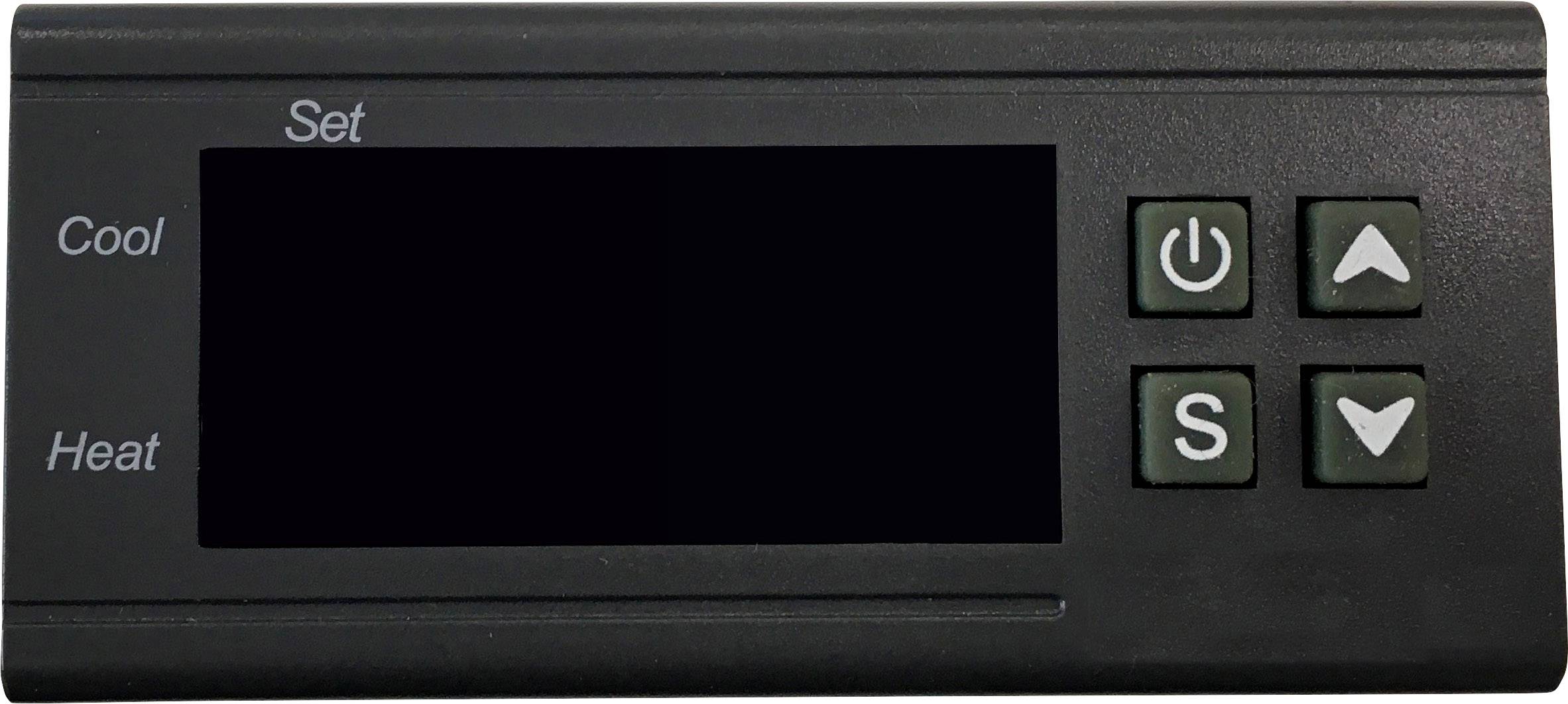 Cyfrowy termostat z wyświetlaczem i przyciskami: 'Ustaw', 'Chłodzenie', 'Grzanie', Włącz/Wyłącz, W górę, W dół oraz Zapisz.