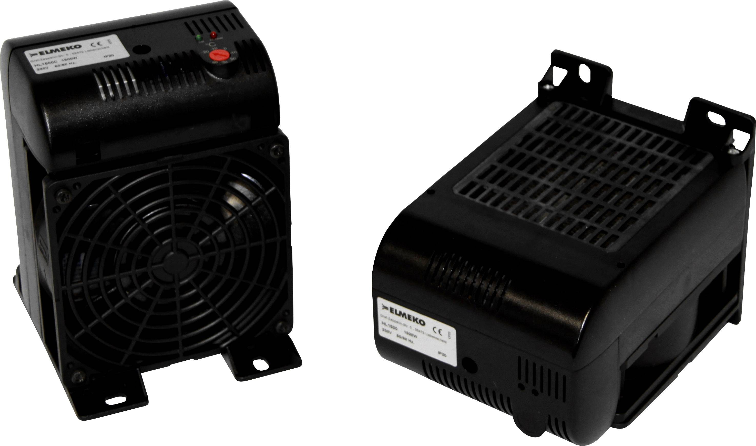 Dwa czarne grzejniki elektryczne w różnych ujęciach. Po lewej: widoczny wentylator i panel sterowania. Po prawej: widok od góry z otworami wentylacyjnymi.